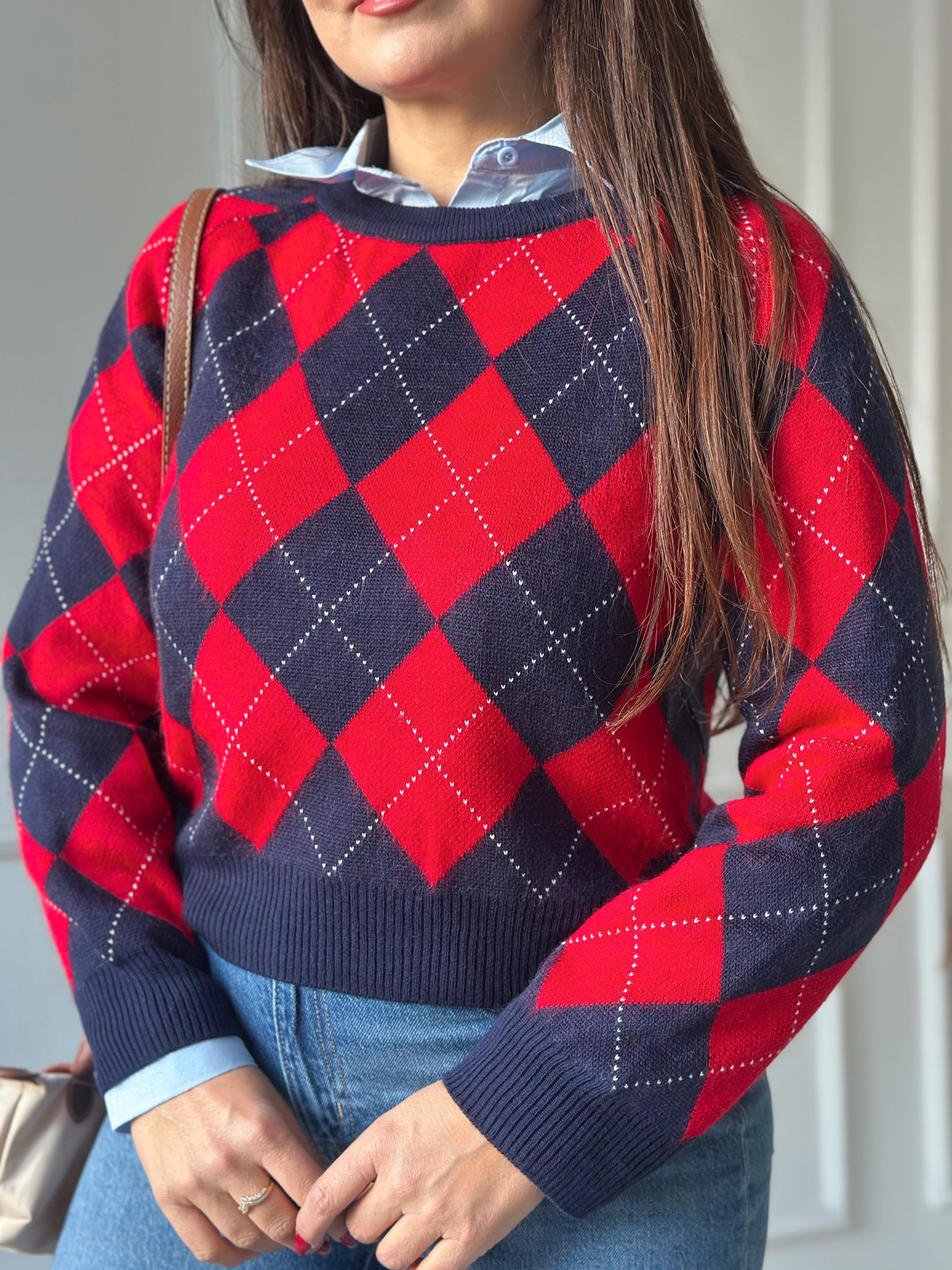 Oxford Argyle Kolej Baklava Desen Triko Kazak – Lacivert Kırmızı