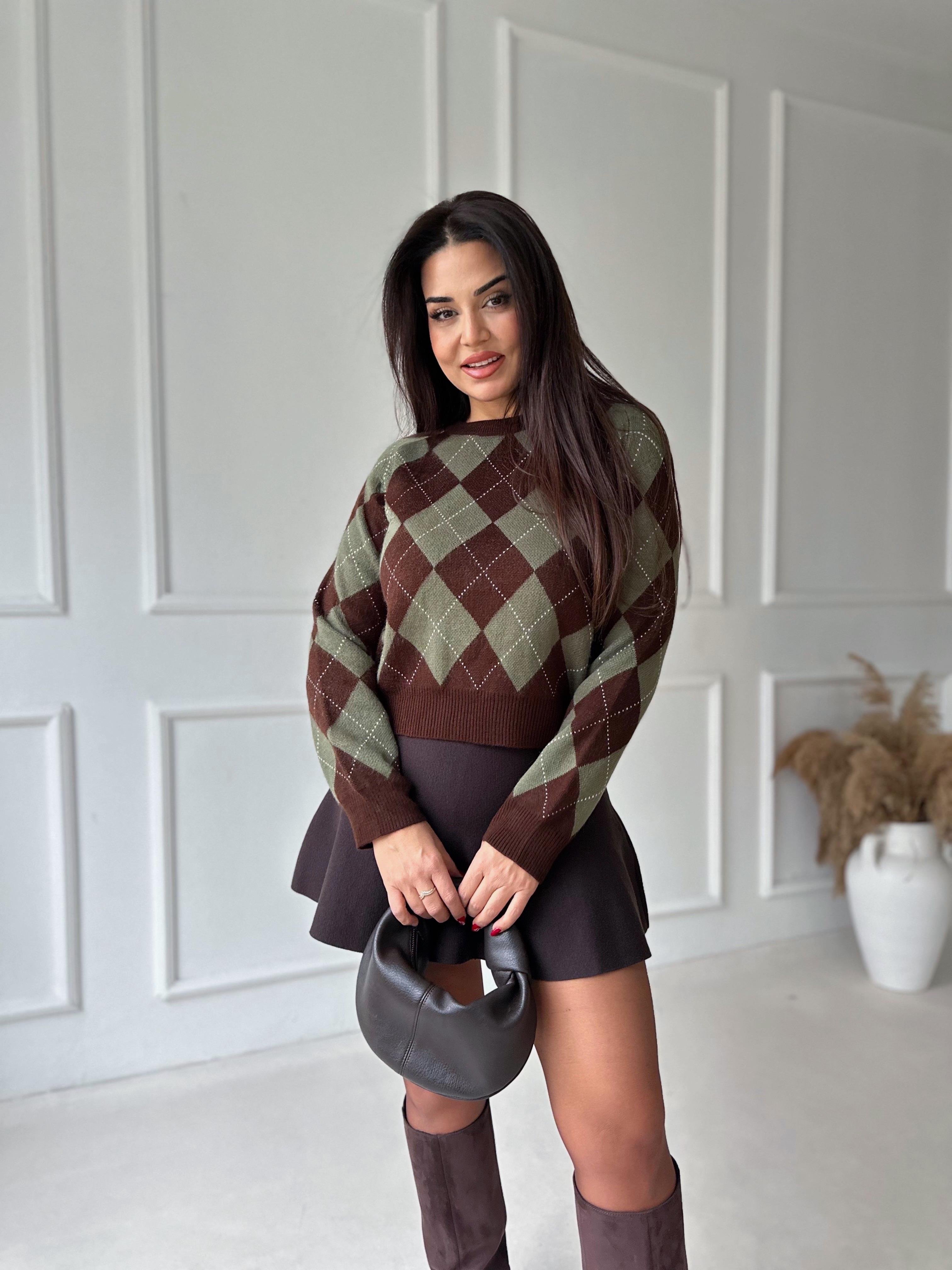 Oxford Argyle Kolej Baklava Desen Triko Kazak – Kahve  Yeşil