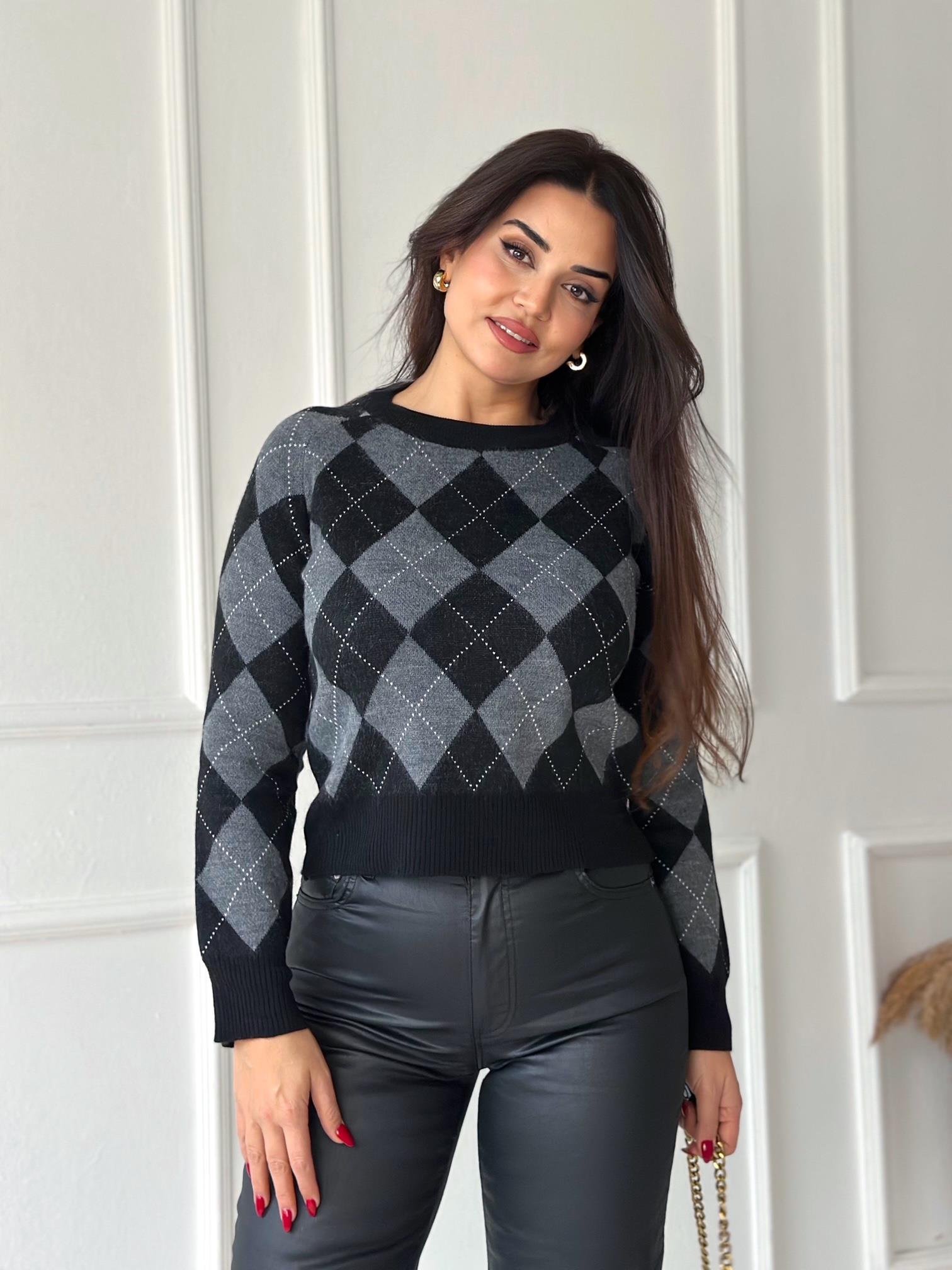 Oxford Argyle Kolej Baklava Desen Triko Kazak – Siyah Gri