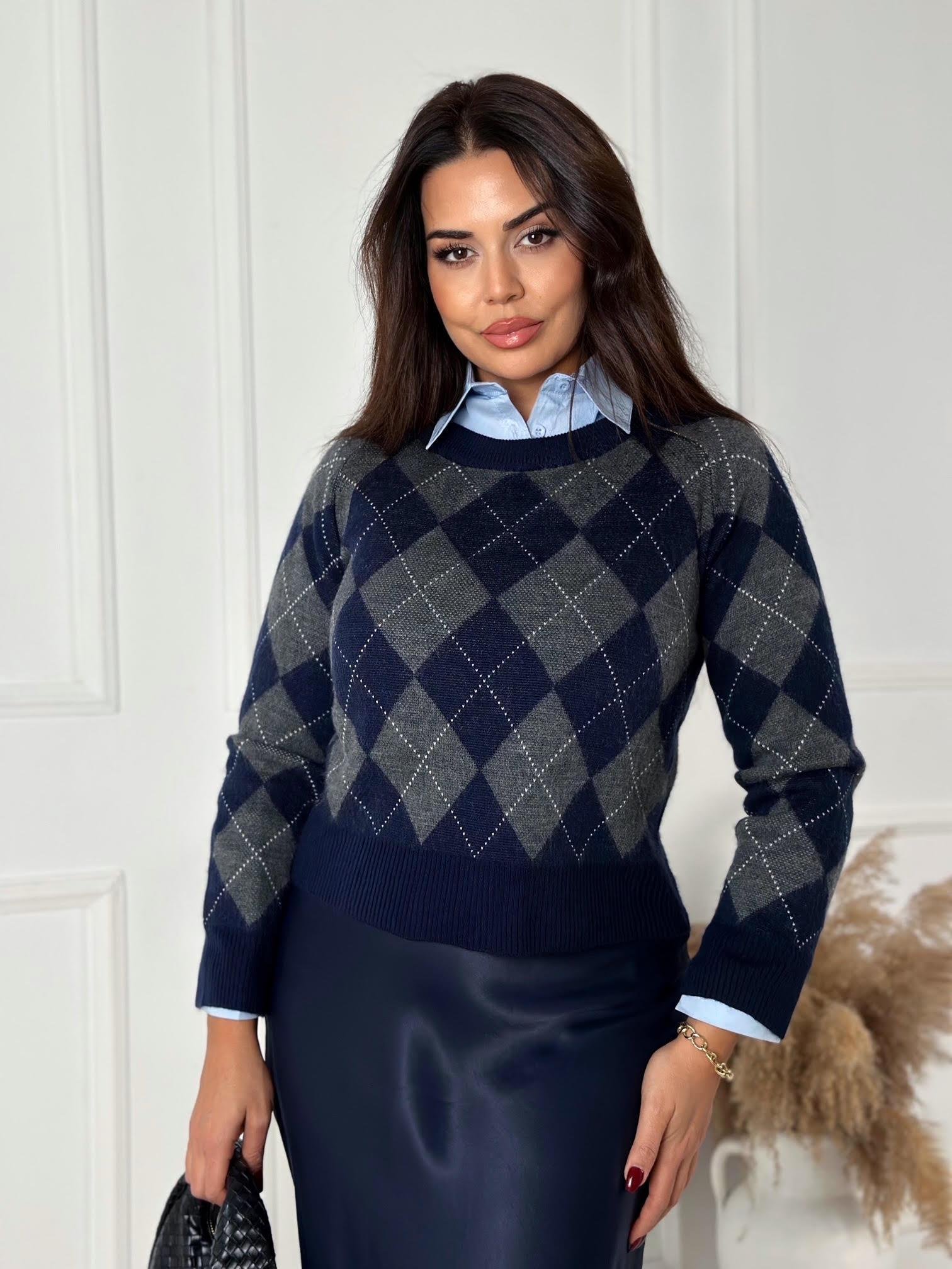 Oxford Argyle Kolej Baklava Desen Triko Kazak – Lacivert Gri