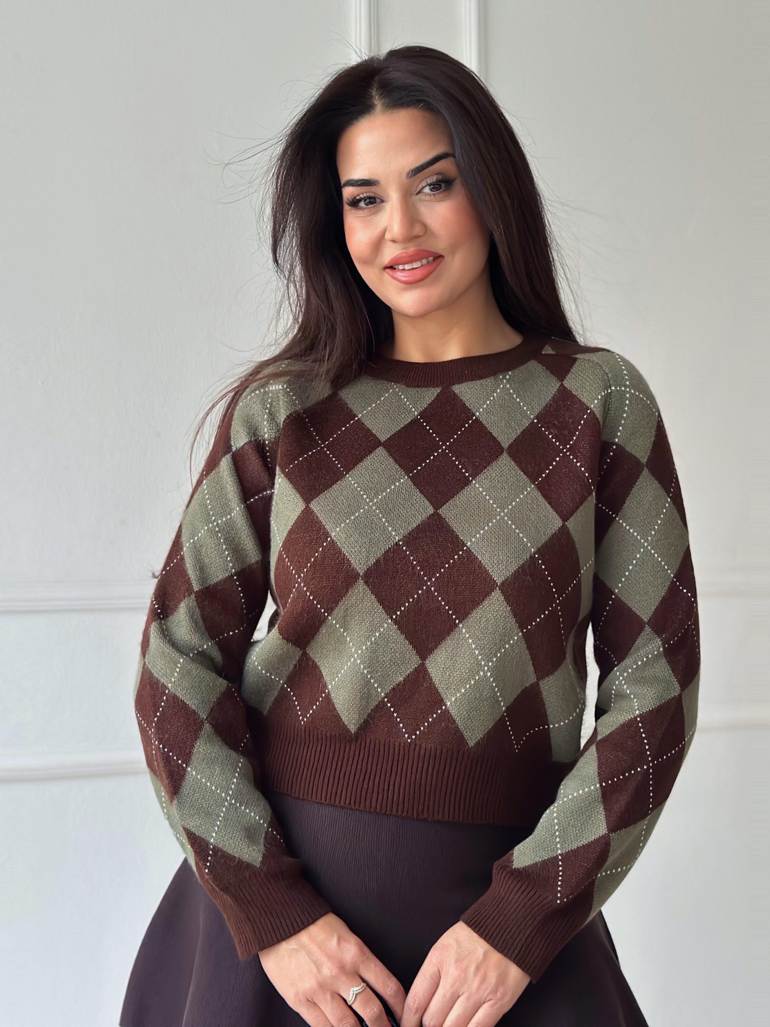 Oxford Argyle Kolej Baklava Desen Triko Kazak – Kahve  Yeşil