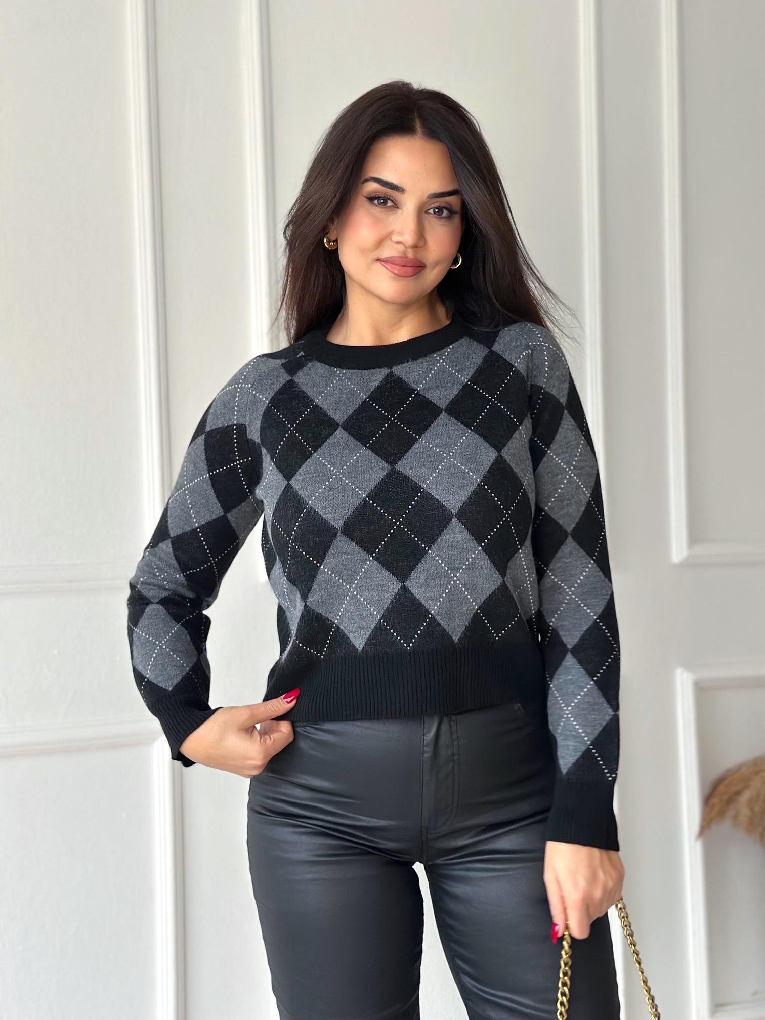 Oxford Argyle Kolej Baklava Desen Triko Kazak – Siyah Gri