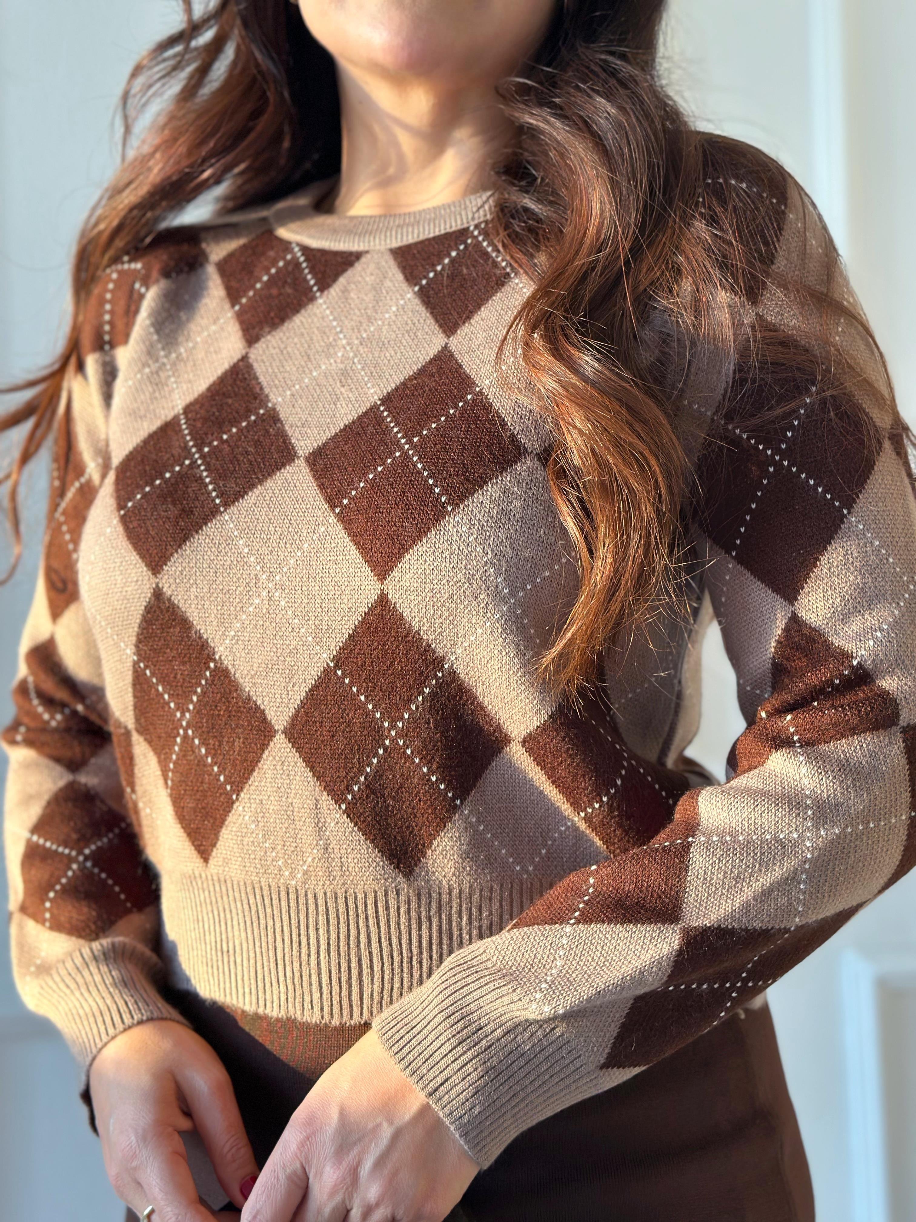 Oxford Argyle Kolej Baklava Desen Triko Kazak – Camel Kahve