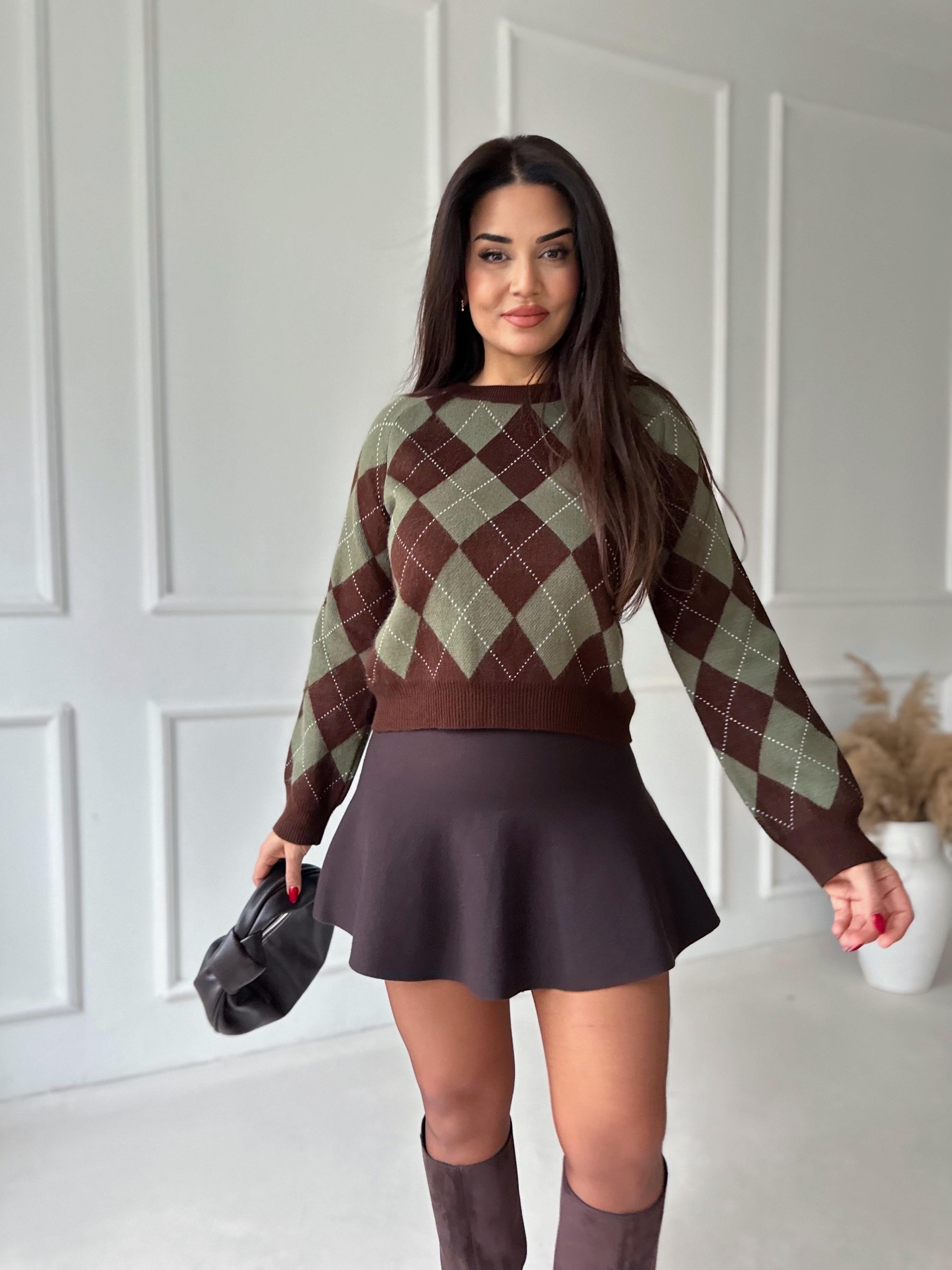 Oxford Argyle Kolej Baklava Desen Triko Kazak – Kahve  Yeşil