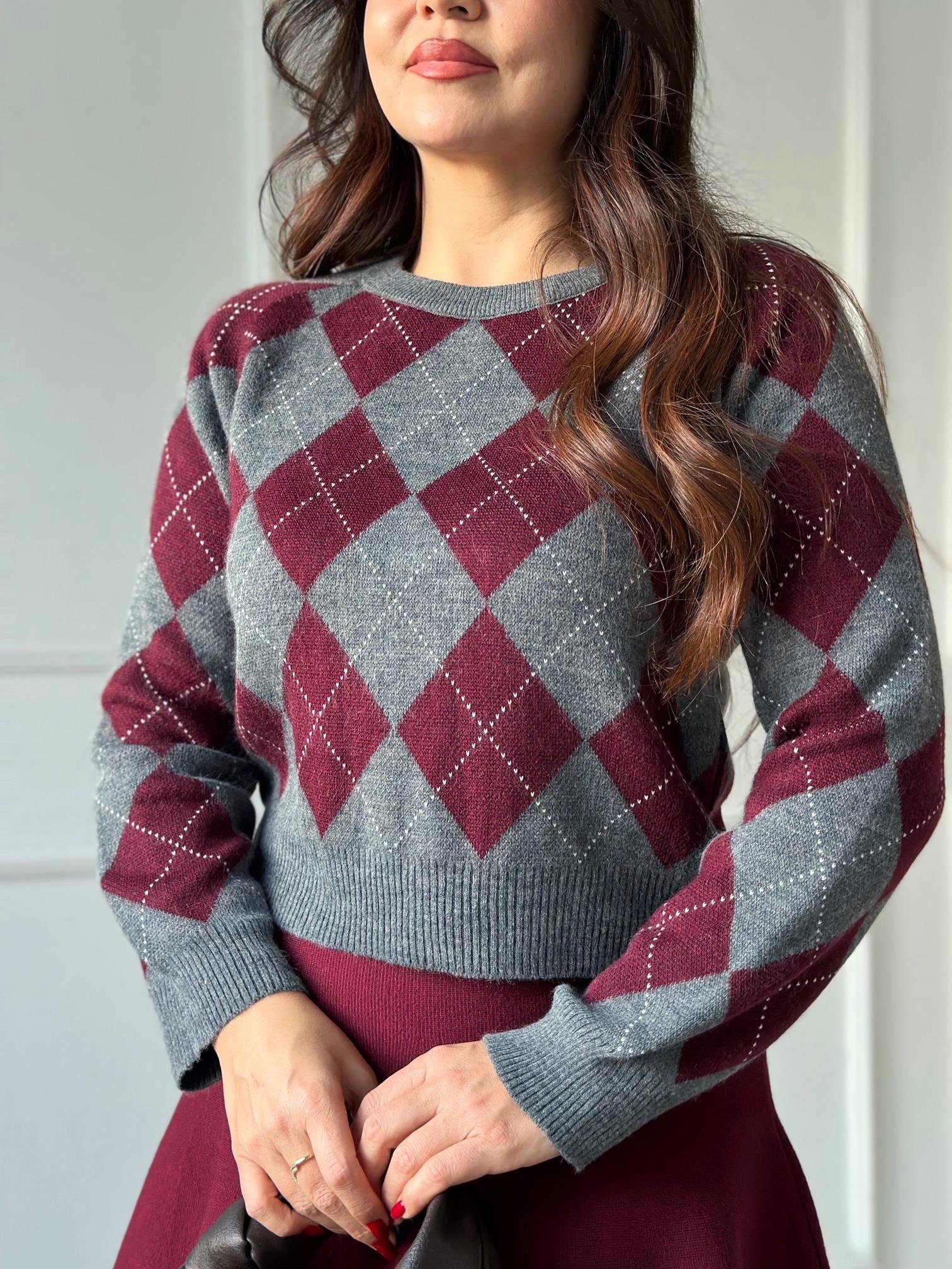 Oxford Argyle Kolej Baklava Desen Triko Kazak – Bordo Gri