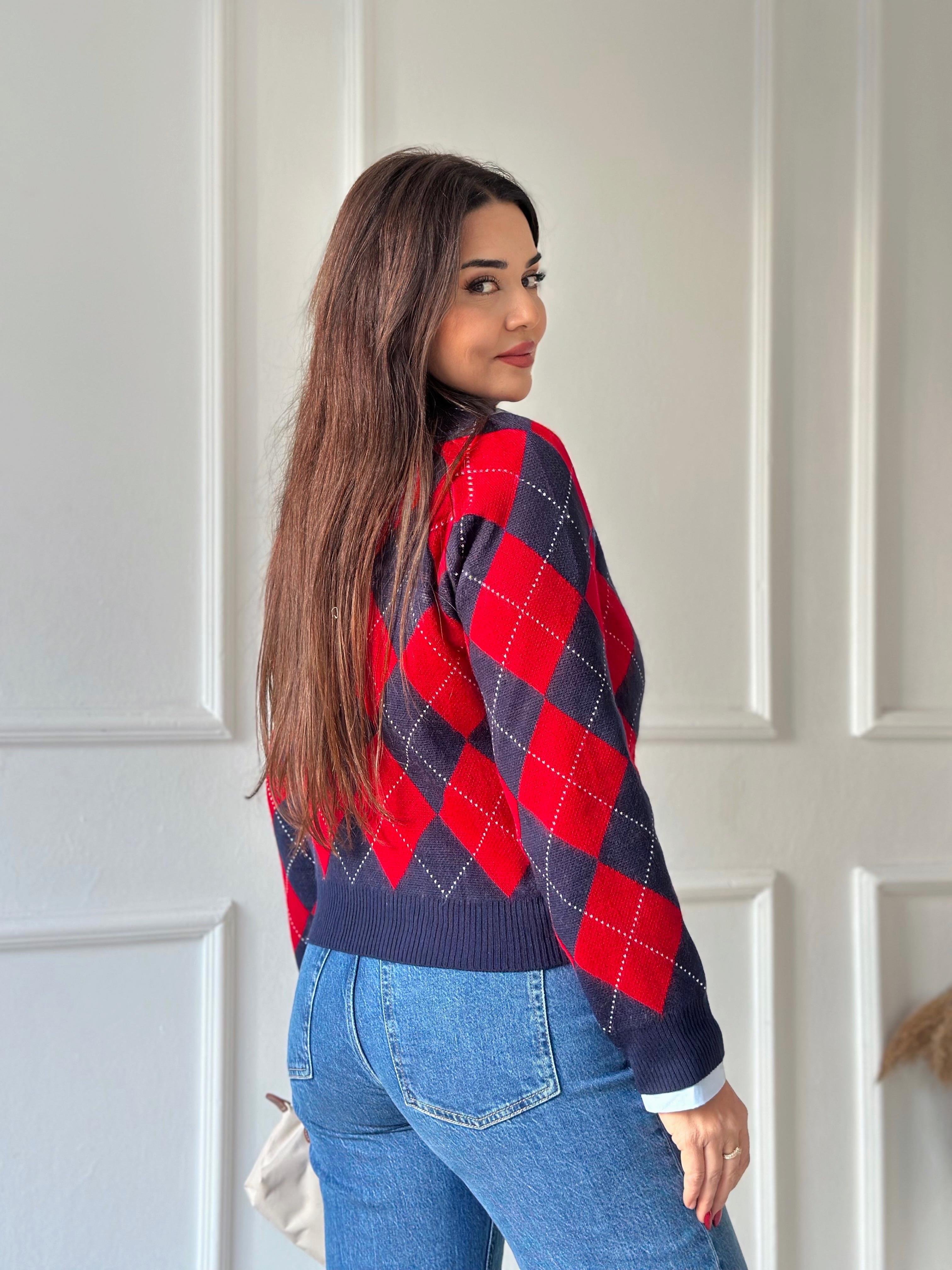 Oxford Argyle Kolej Baklava Desen Triko Kazak – Lacivert Kırmızı