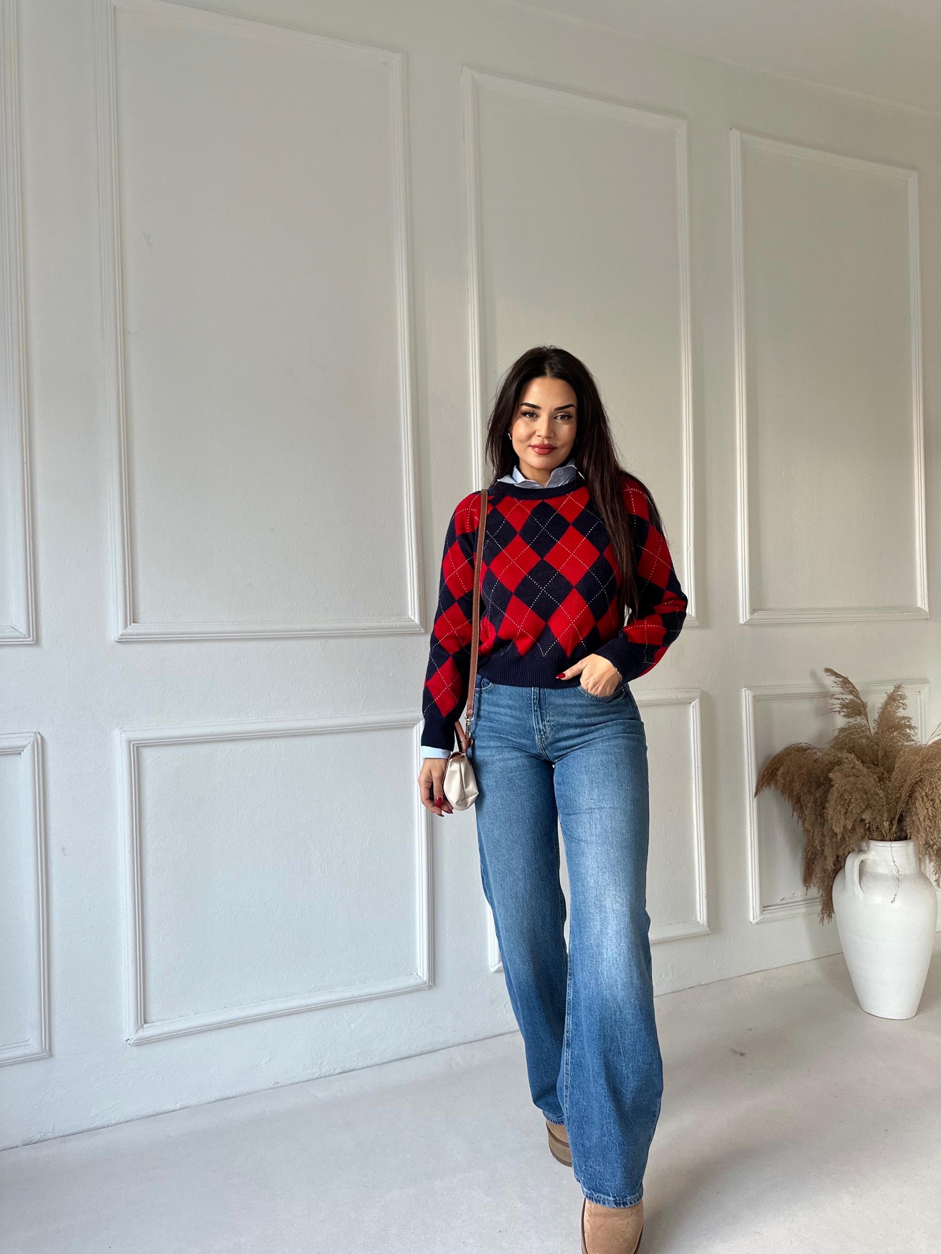 Oxford Argyle Kolej Baklava Desen Triko Kazak – Lacivert Kırmızı