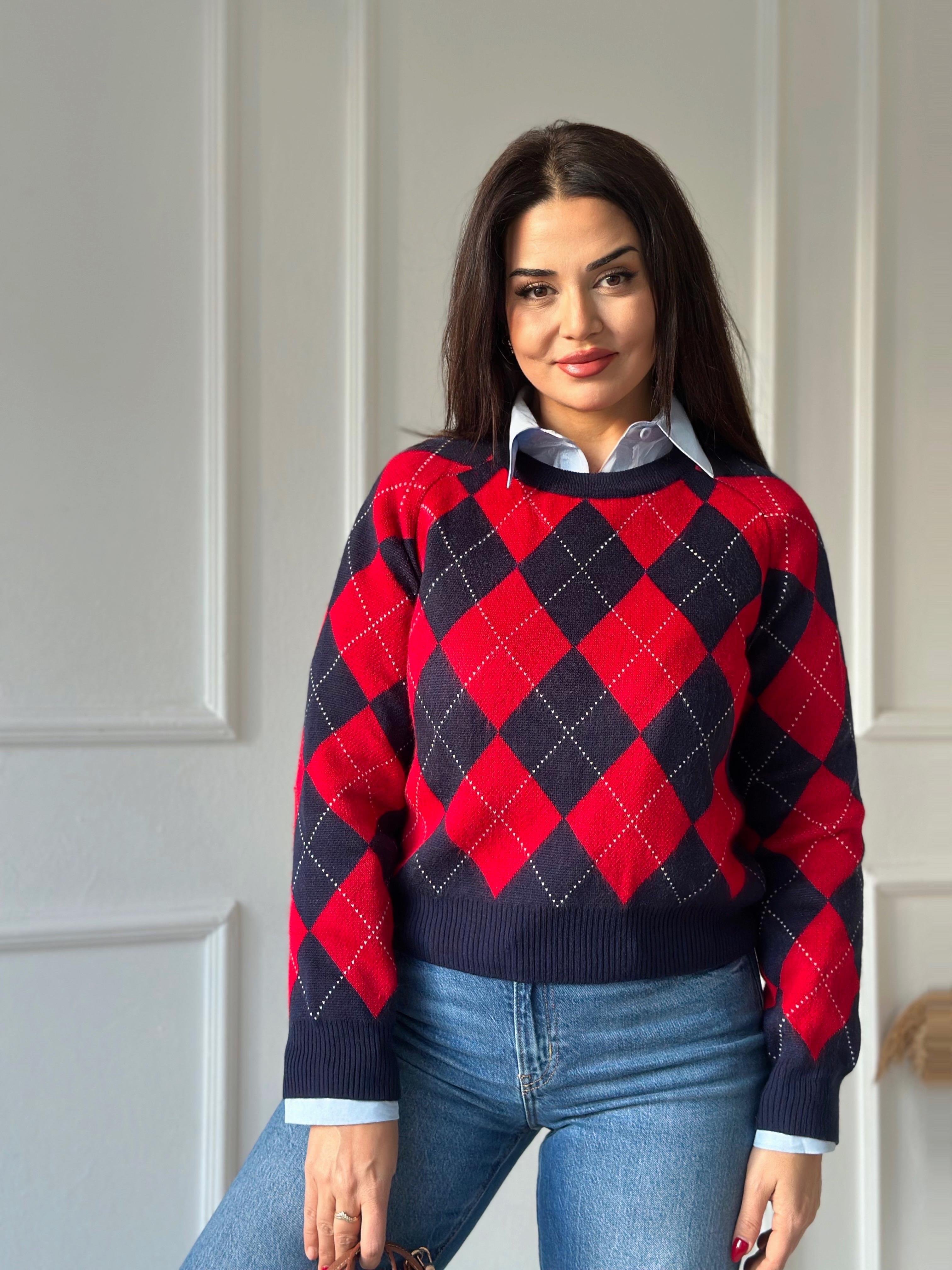 Oxford Argyle Kolej Baklava Desen Triko Kazak – Lacivert Kırmızı