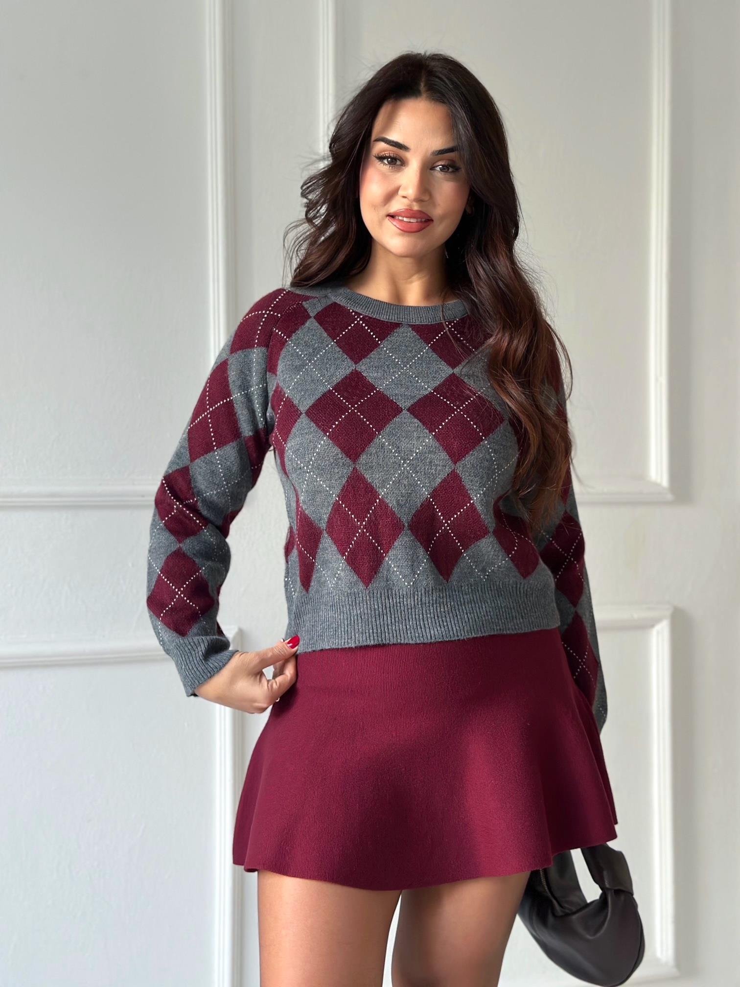 Oxford Argyle Kolej Baklava Desen Triko Kazak – Bordo Gri