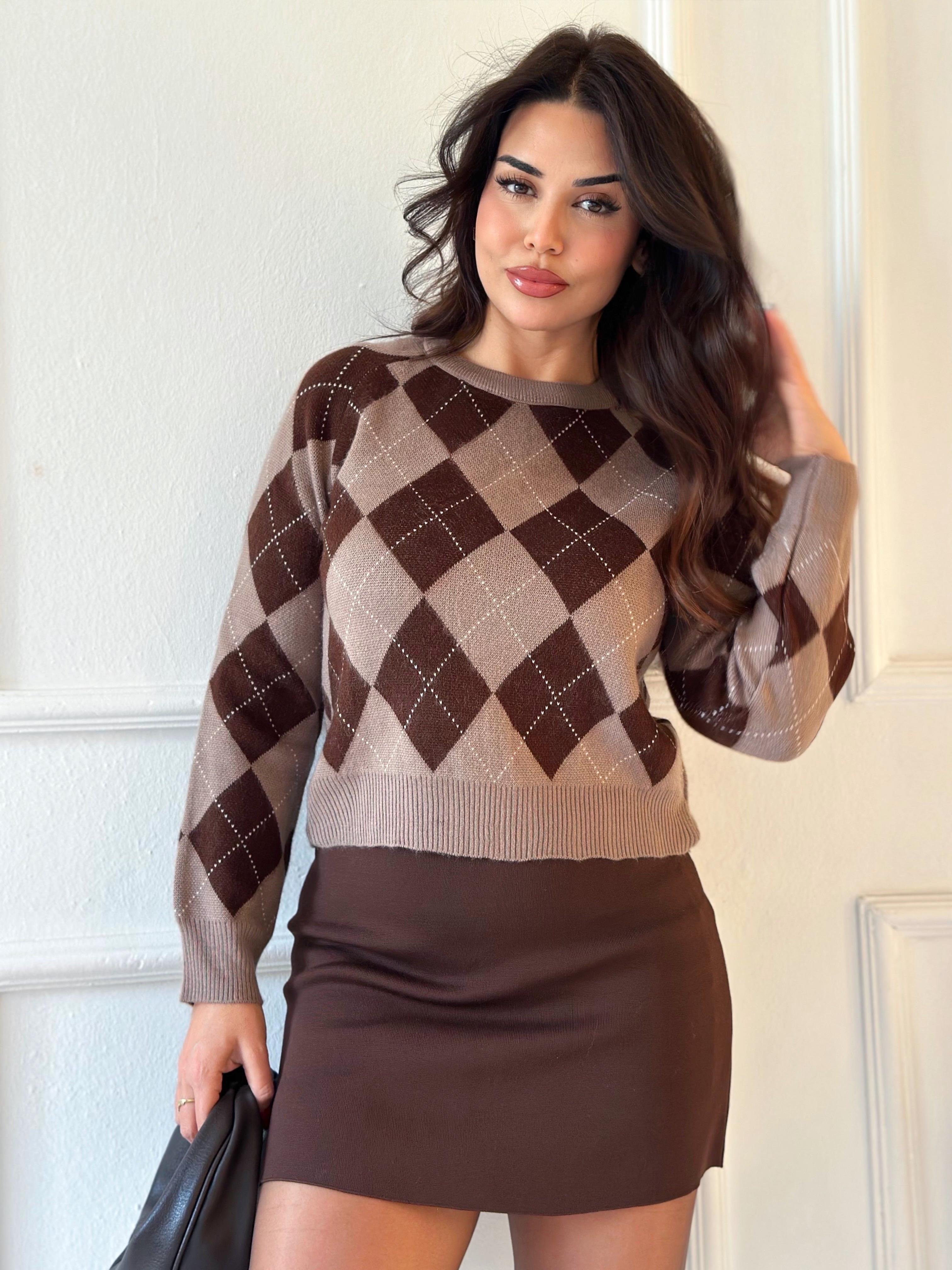 Oxford Argyle Kolej Baklava Desen Triko Kazak – Camel Kahve