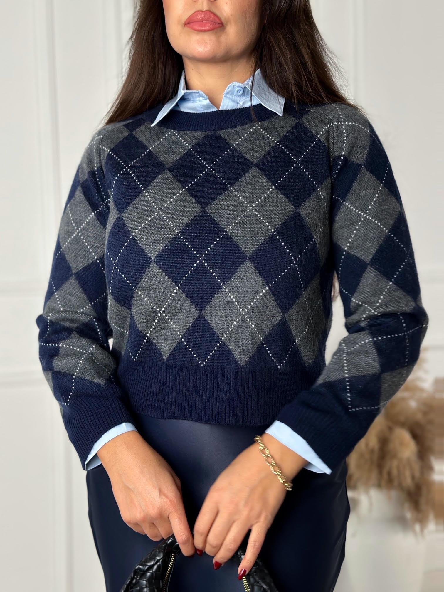 Oxford Argyle Kolej Baklava Desen Triko Kazak – Lacivert Gri