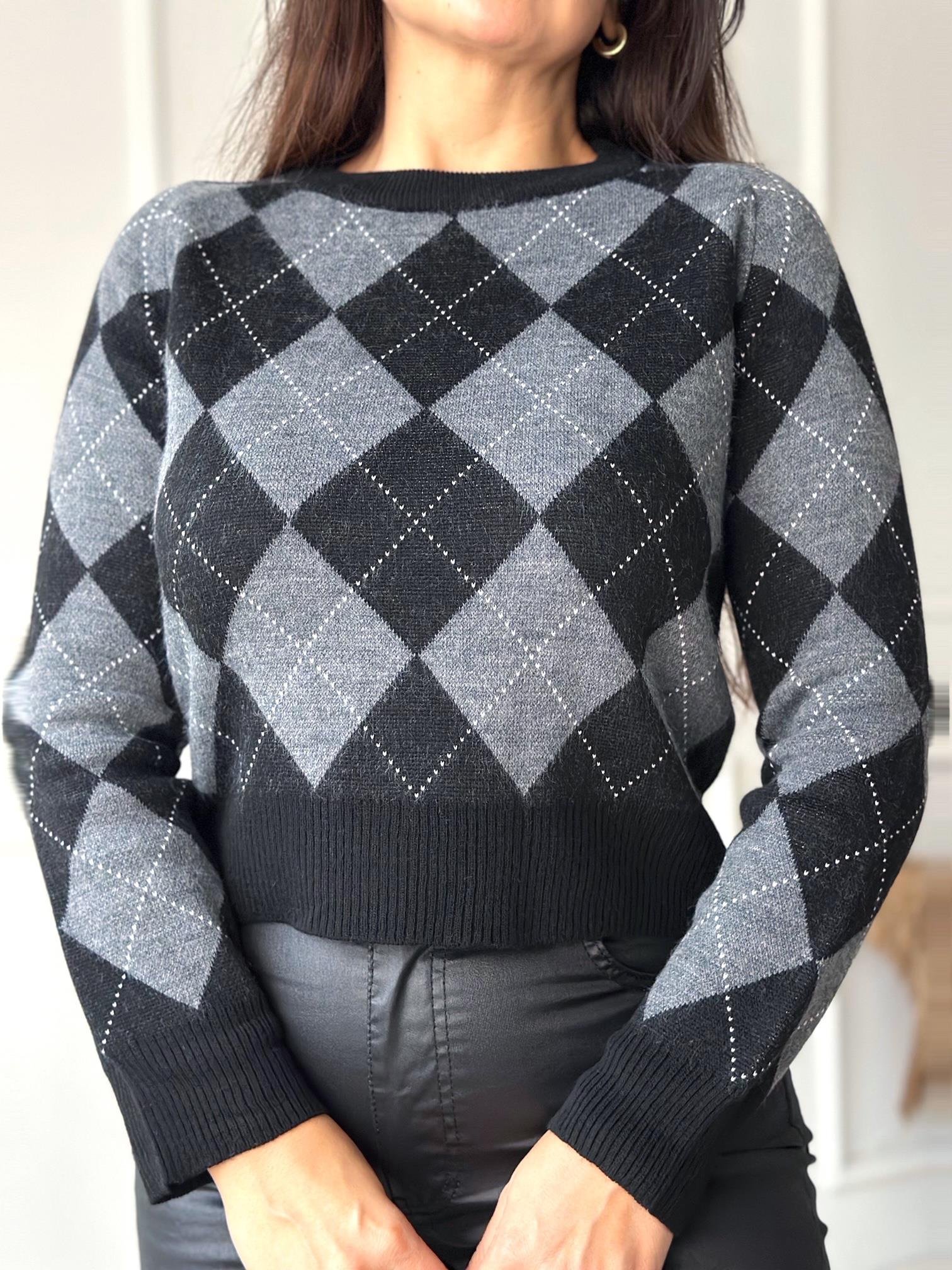 Oxford Argyle Kolej Baklava Desen Triko Kazak – Siyah Gri