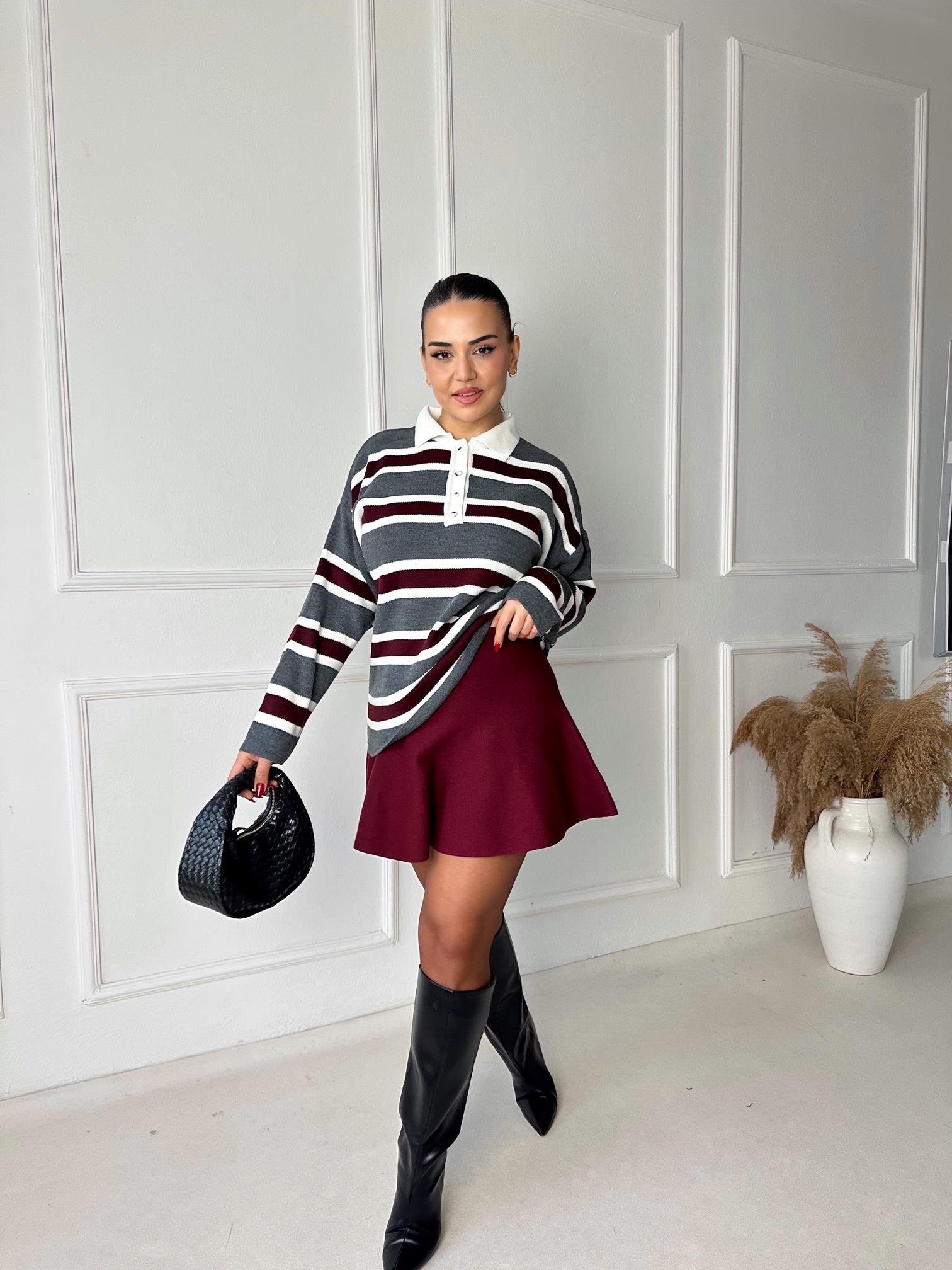 Oxford Seri Çizgili Polo Yaka Triko Kazak – Gri / Bordo