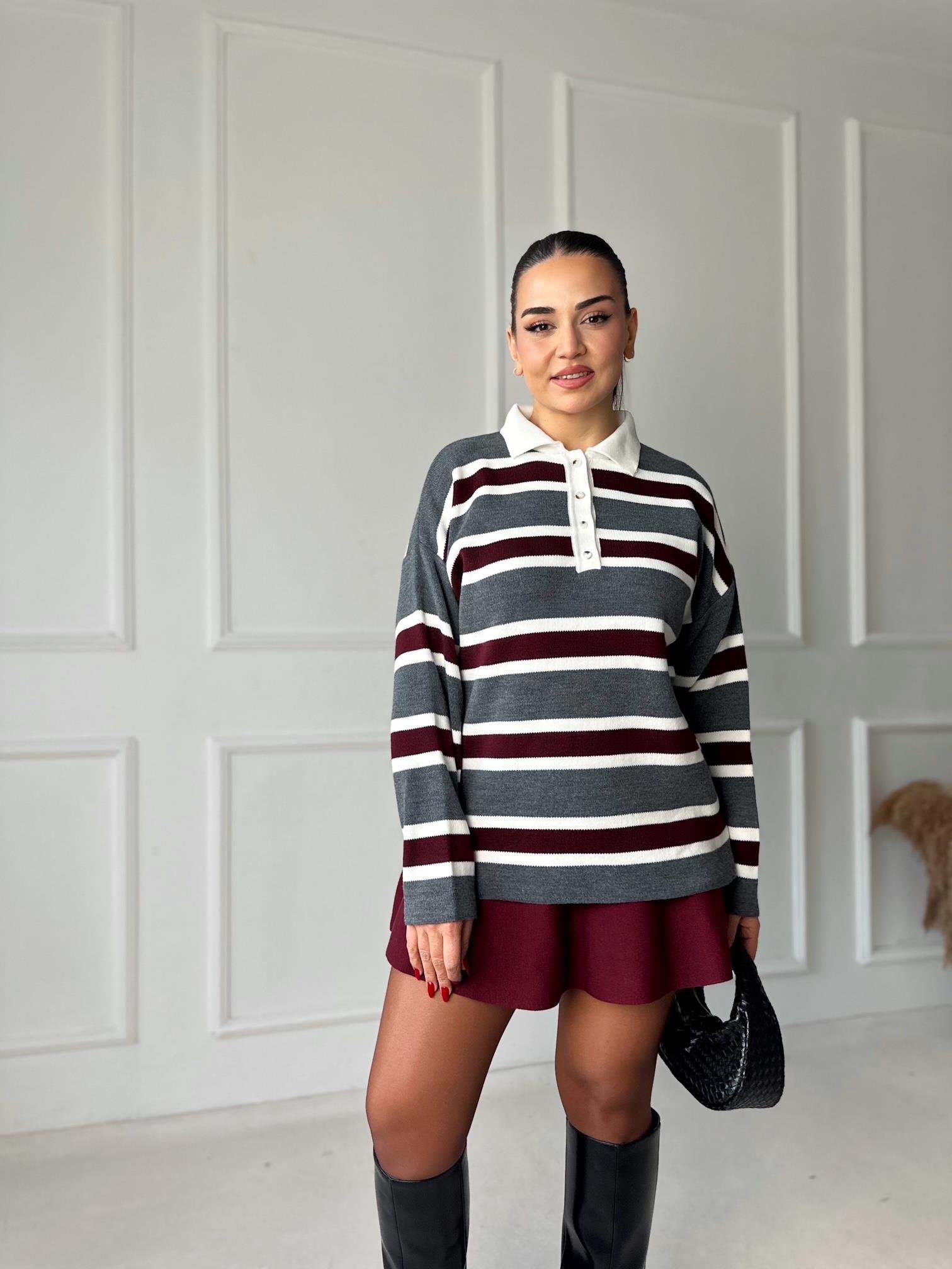 Oxford Seri Çizgili Polo Yaka Triko Kazak – Gri / Bordo