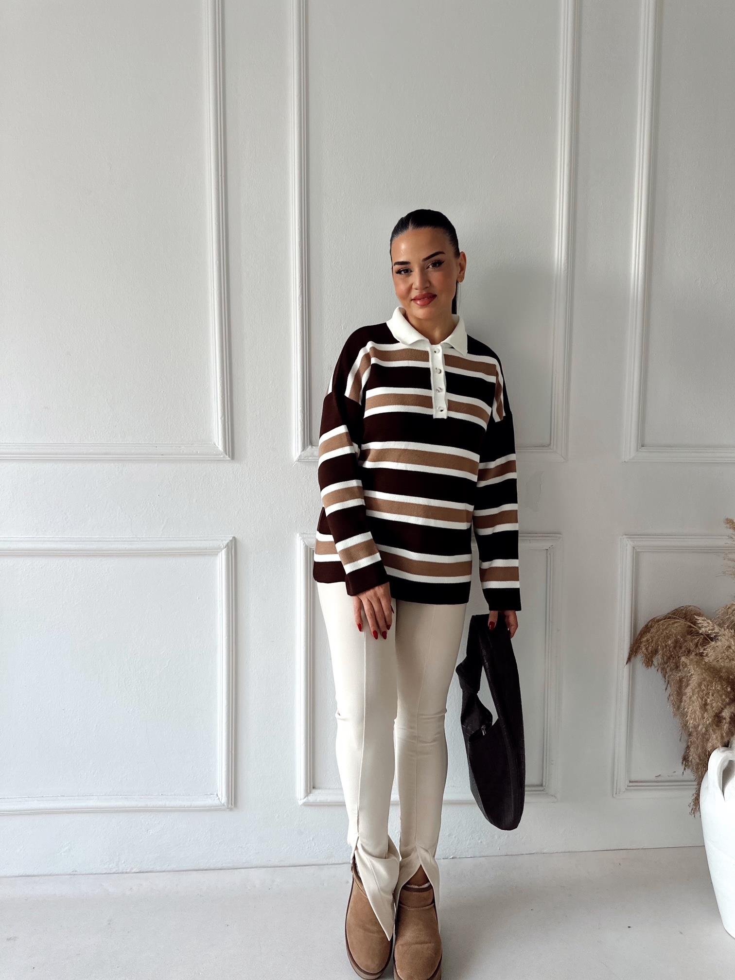 Oxford Seri Çizgili Polo Yaka Triko Kazak – Kahve / Bej