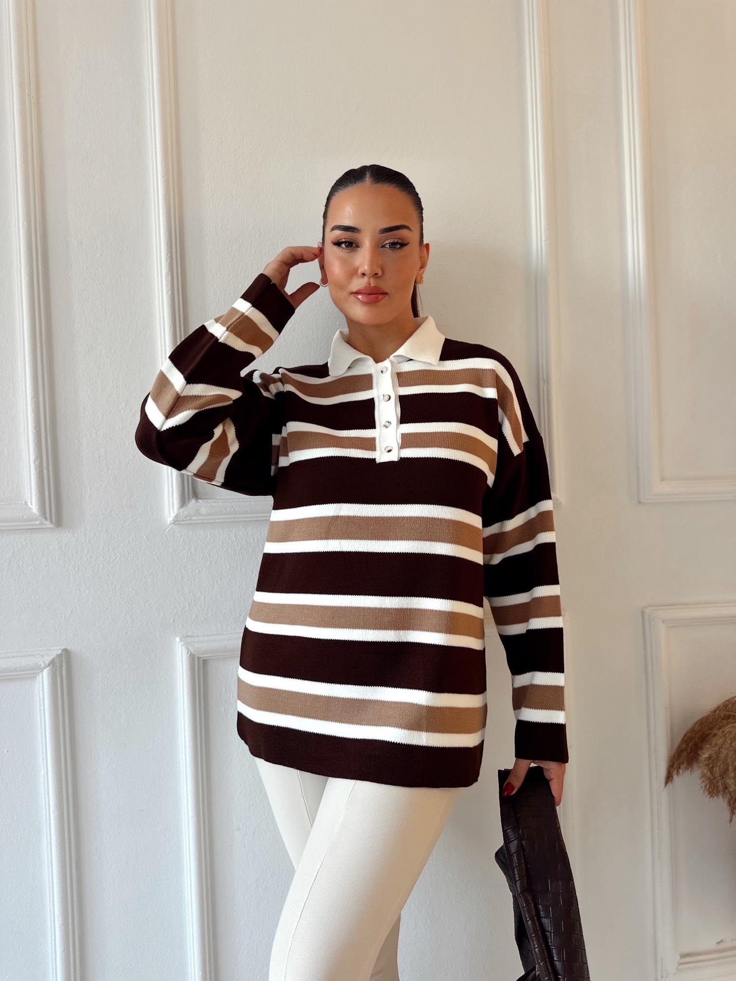 Oxford Seri Çizgili Polo Yaka Triko Kazak – Kahve / Bej