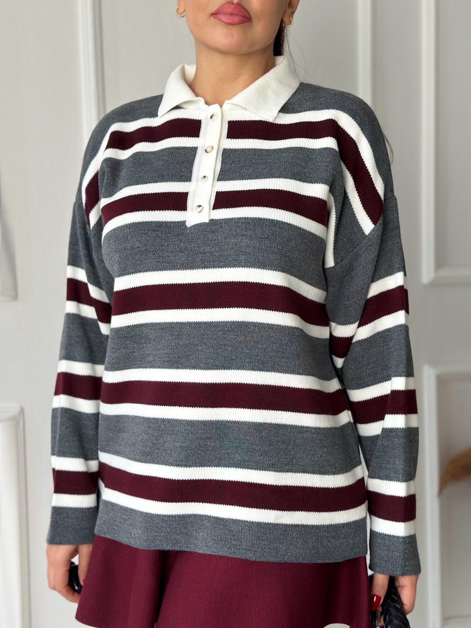 Oxford Seri Çizgili Polo Yaka Triko Kazak – Gri / Bordo