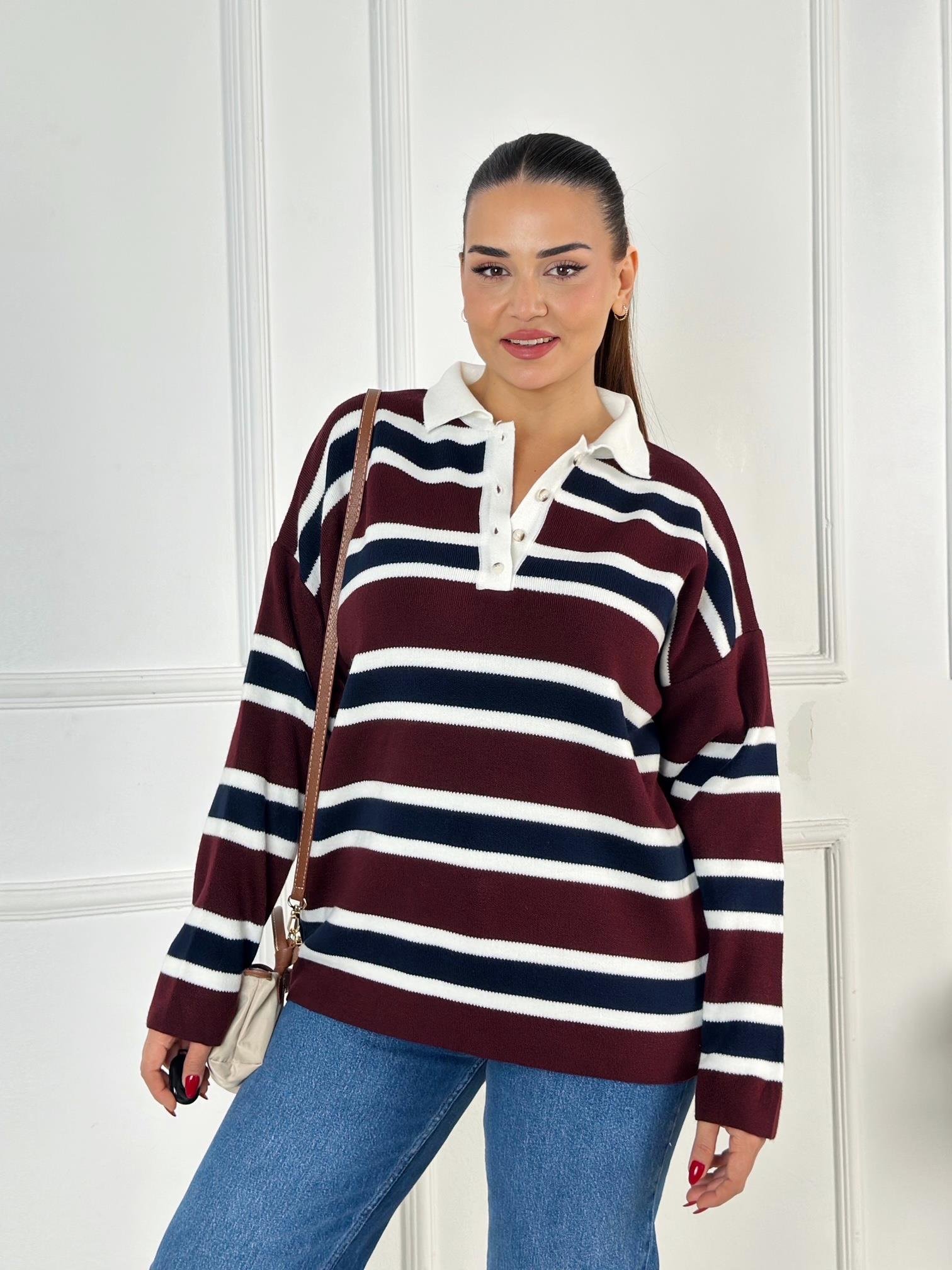 Oxford Series Çizgili Polo Yaka Triko Kazak – Bordo / Lacivert