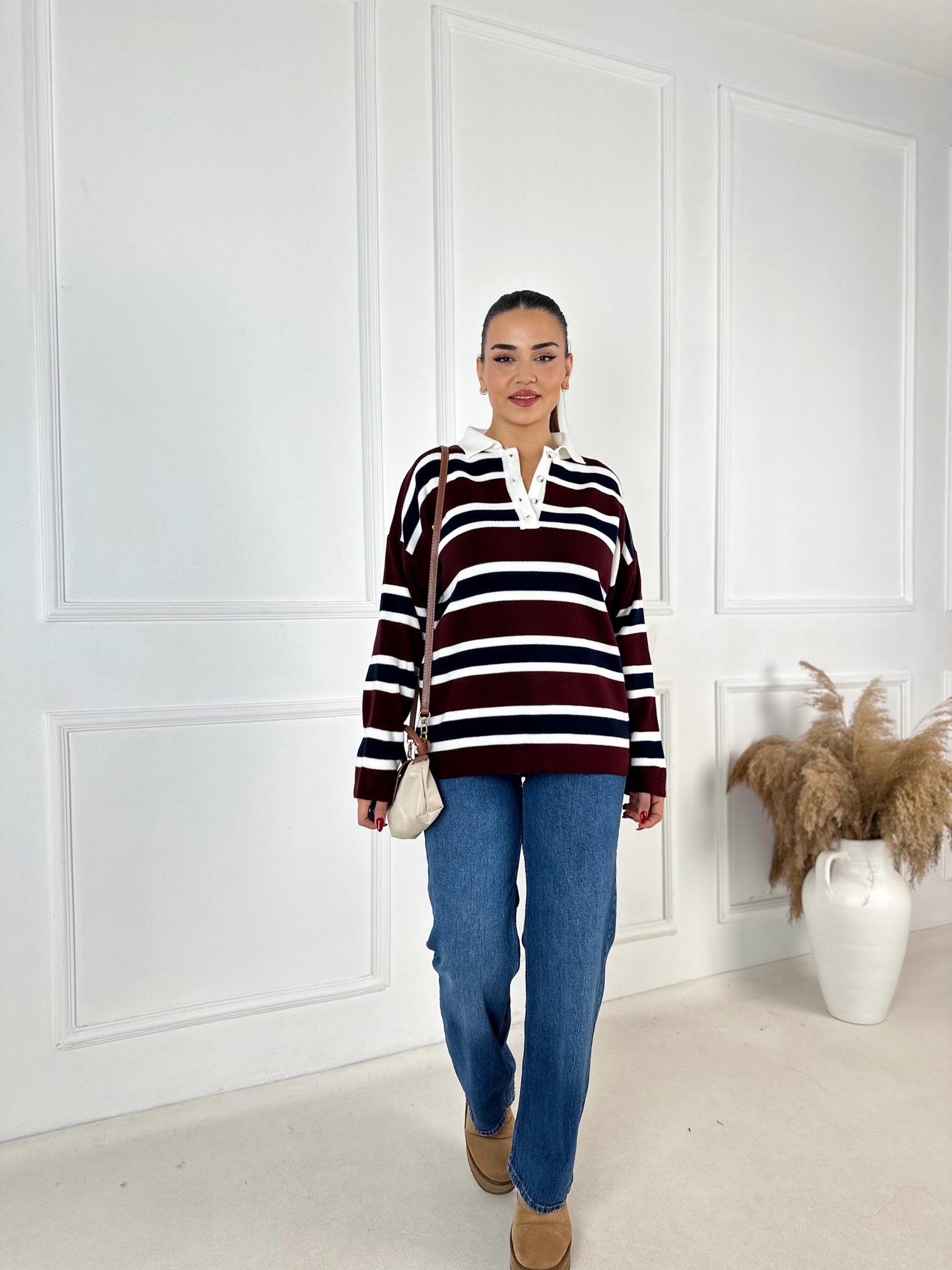 Oxford Series Çizgili Polo Yaka Triko Kazak – Bordo / Lacivert