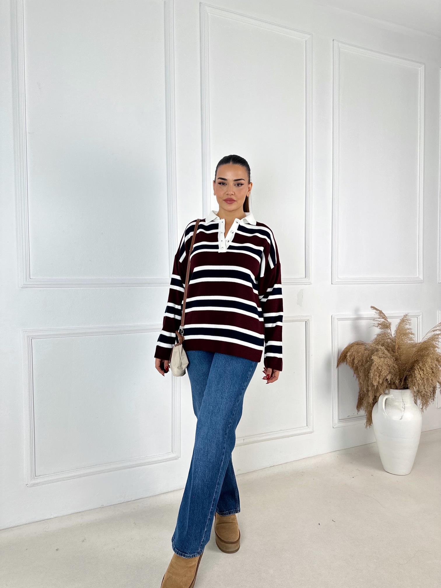 Oxford Series Çizgili Polo Yaka Triko Kazak – Bordo / Lacivert