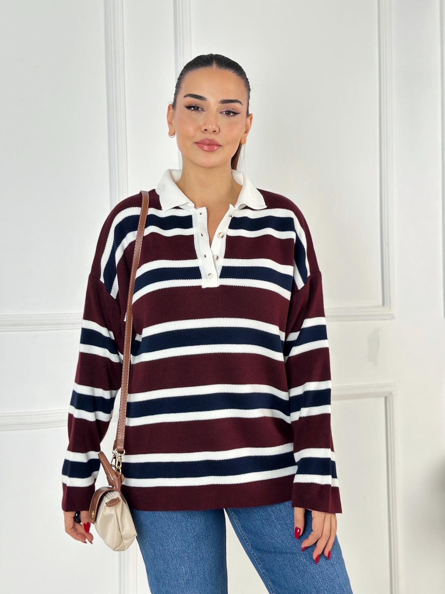 Oxford Series Çizgili Polo Yaka Triko Kazak – Bordo / Lacivert