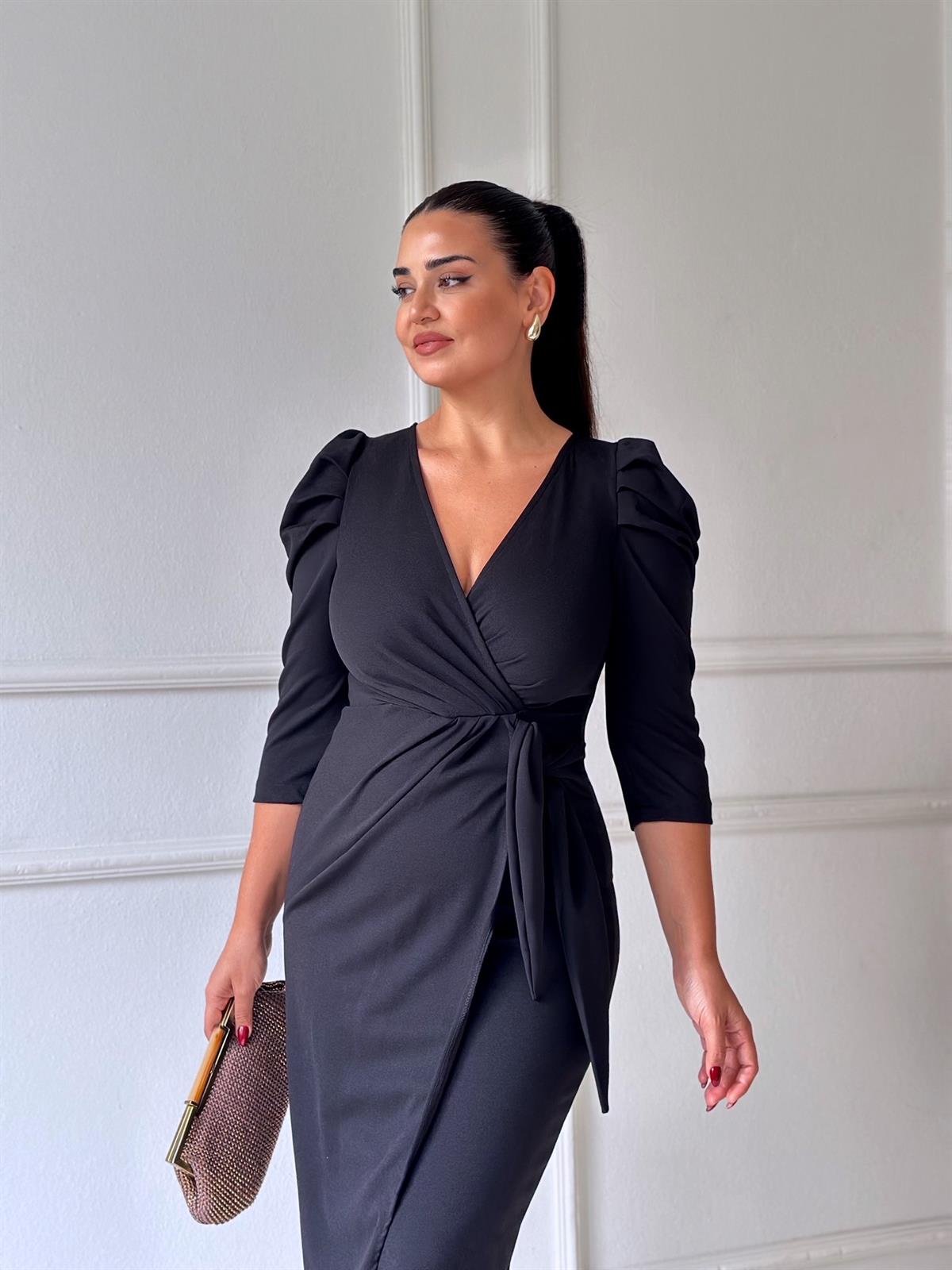 Özel Seri Kruvaze Yaka Midi Elbise Siyah