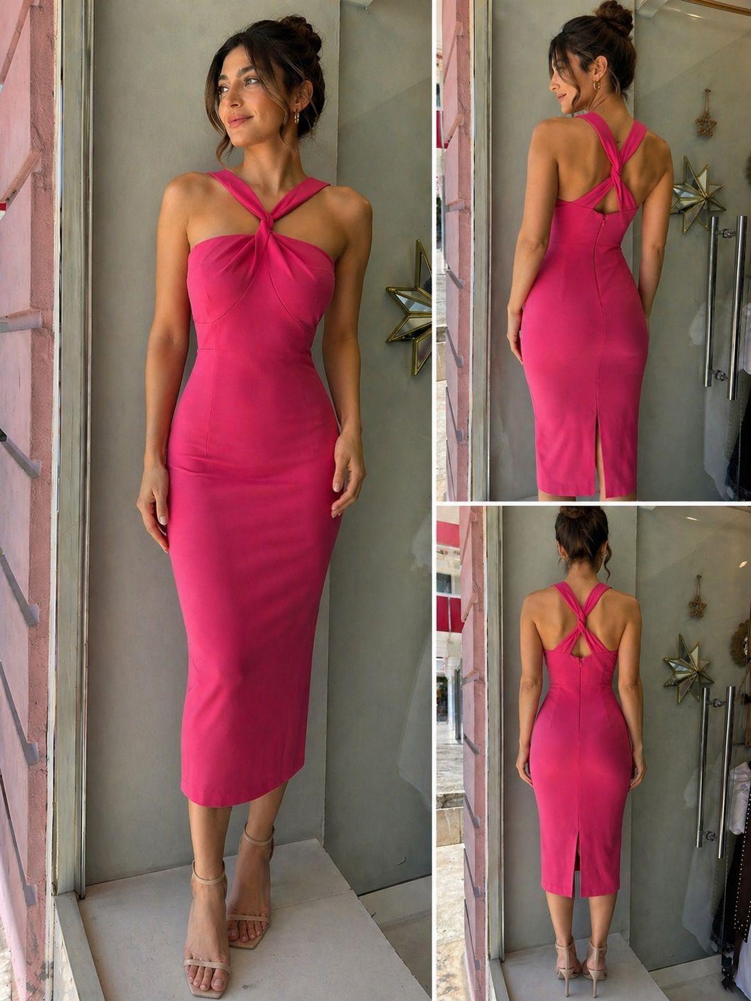 Pembe Halter Yaka Kalem Elbise
