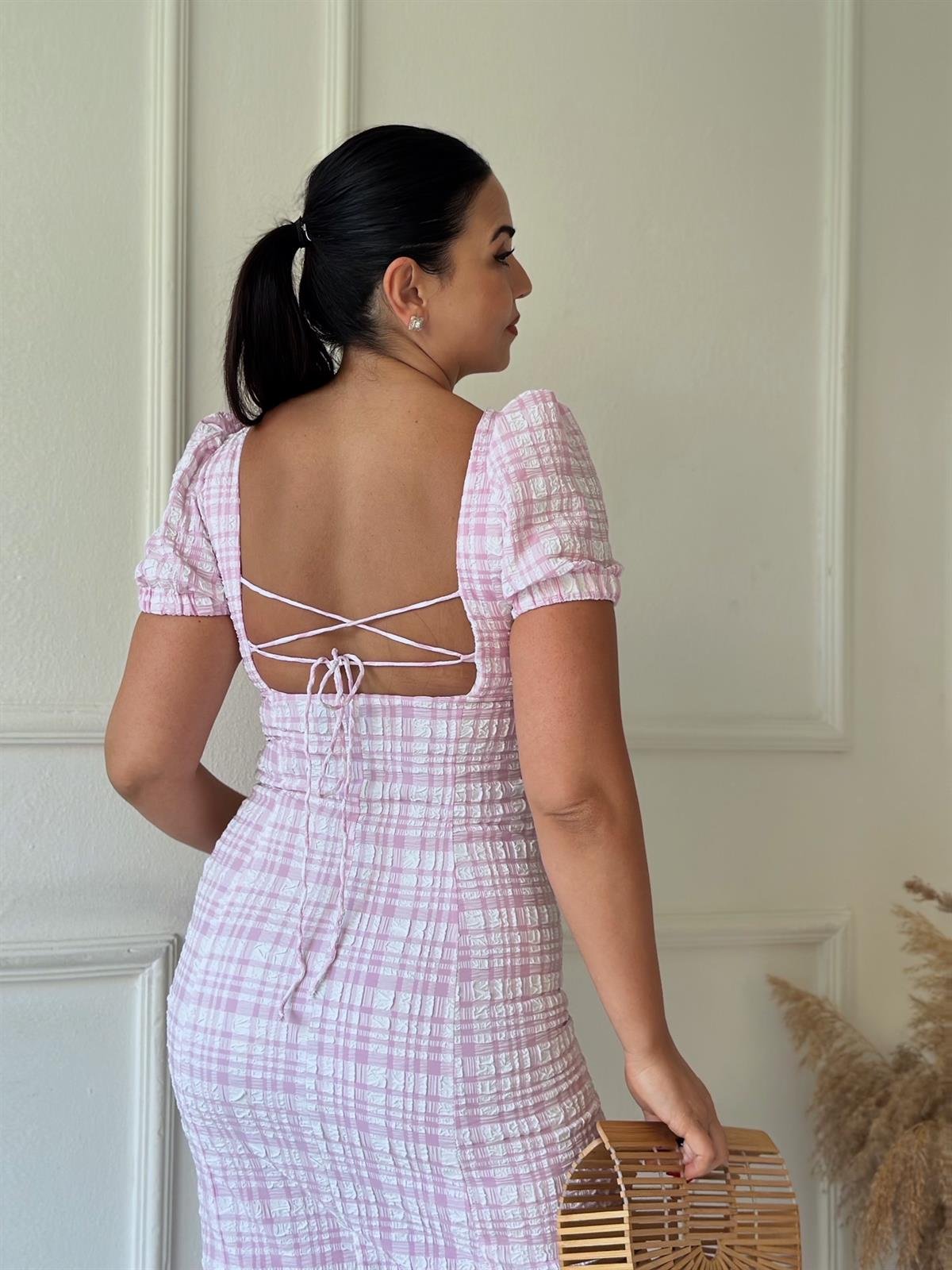 Pembe Kareli Midi Elbise