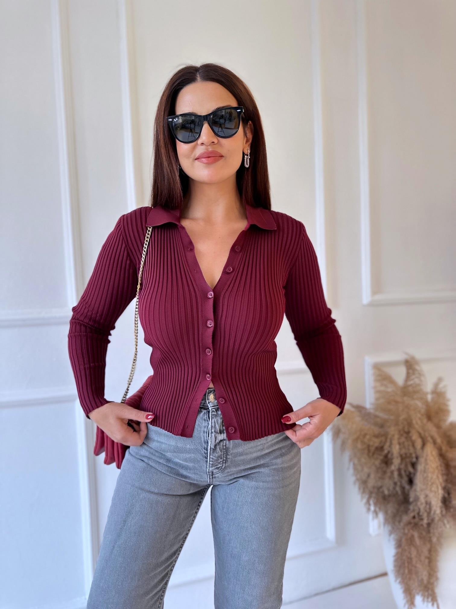 Polo Yaka Önden Düğmeli Bordo Triko Hırka