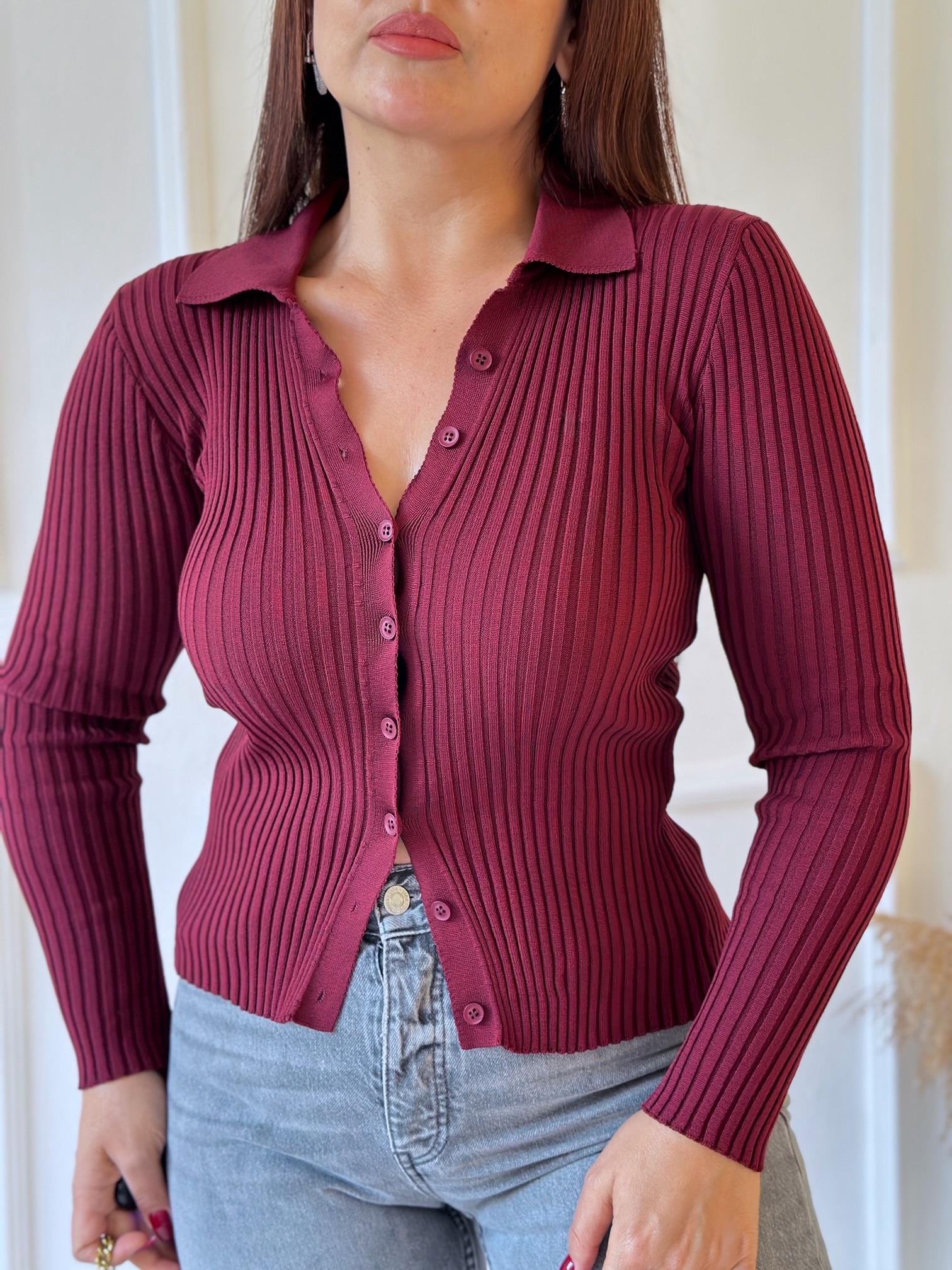 Polo Yaka Önden Düğmeli Bordo Triko Hırka