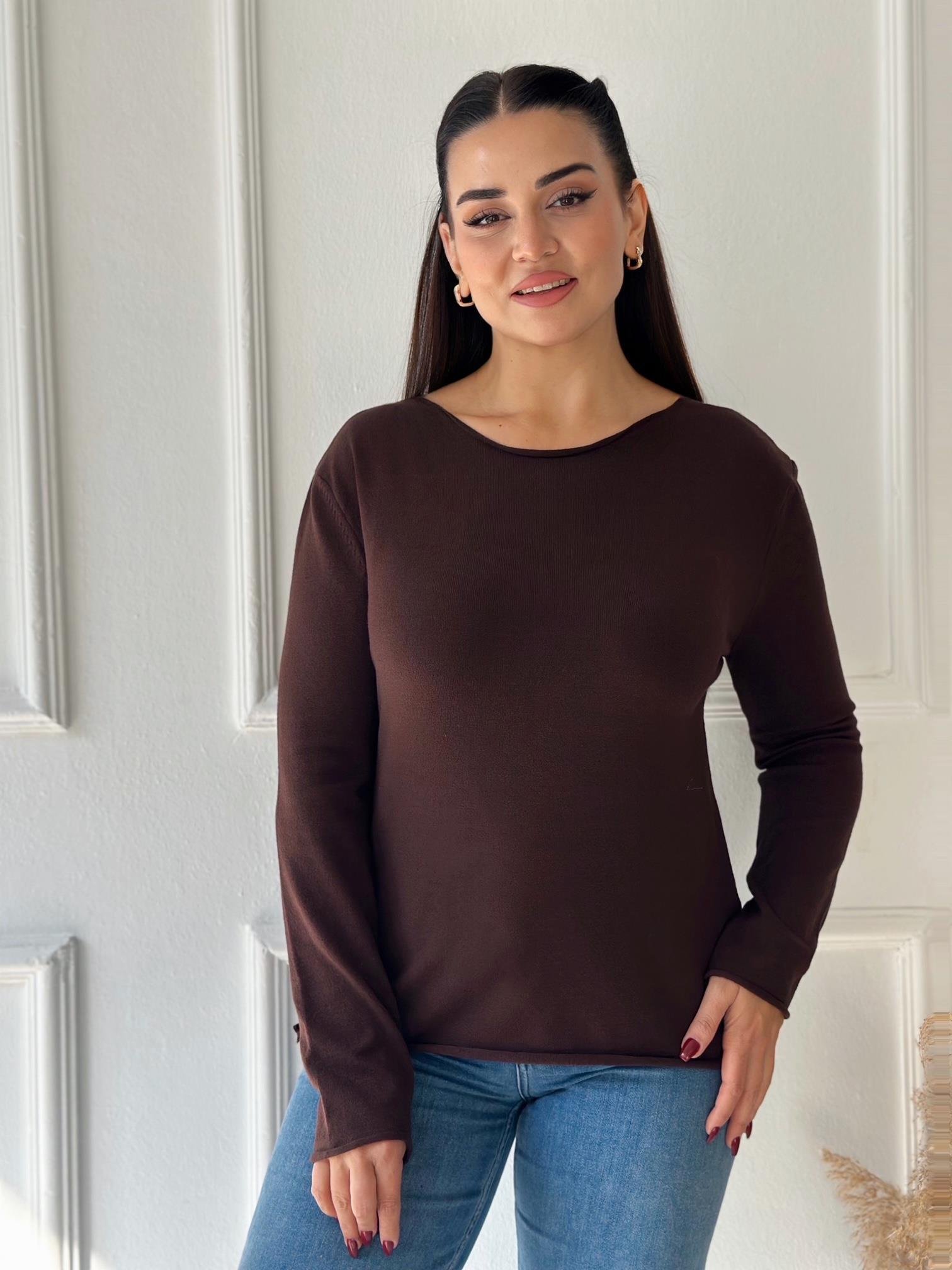 Premium Corsman İplik Basic Triko Bluz - Acı Kahve