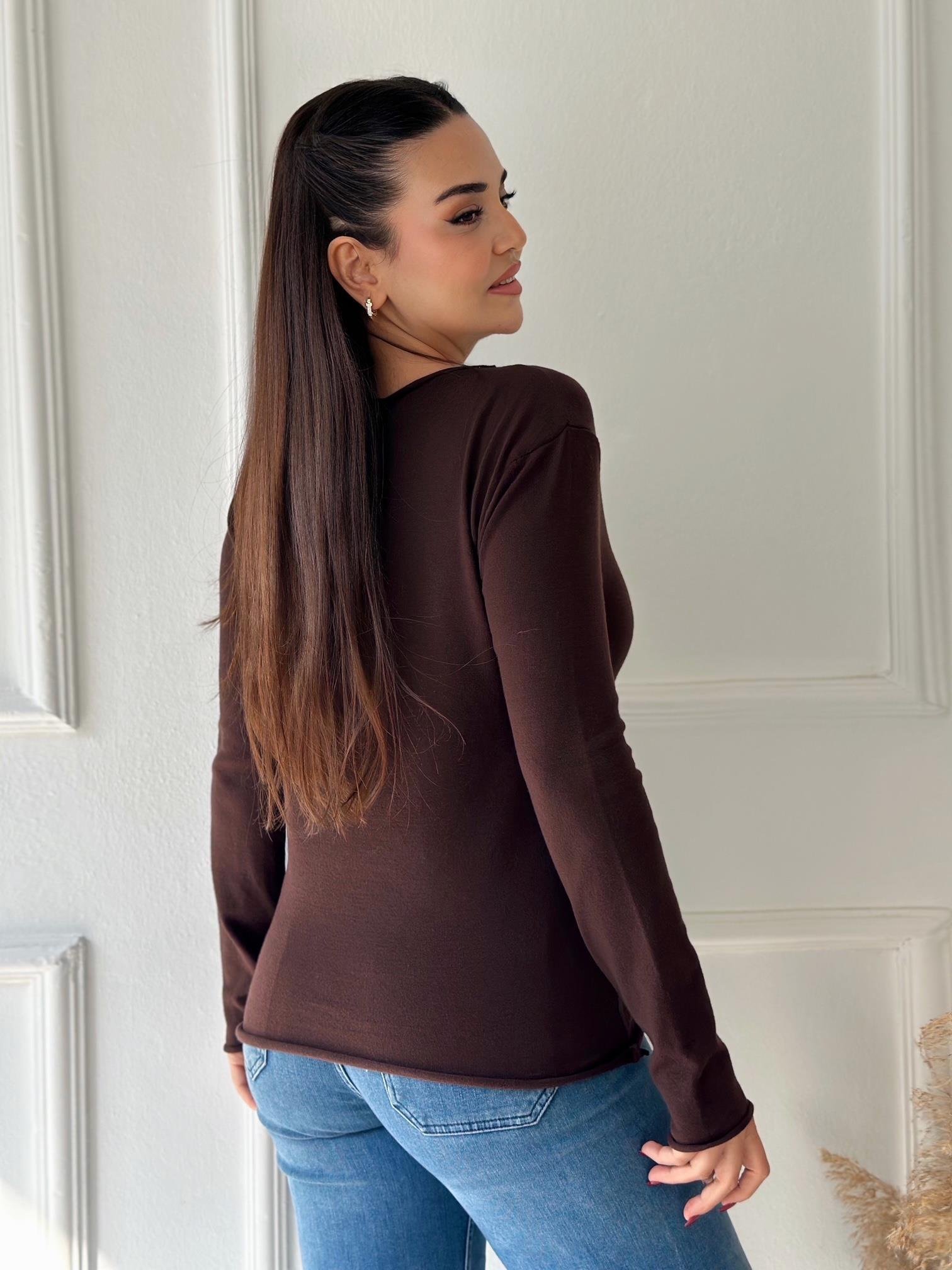 Premium Corsman İplik Basic Triko Bluz - Acı Kahve