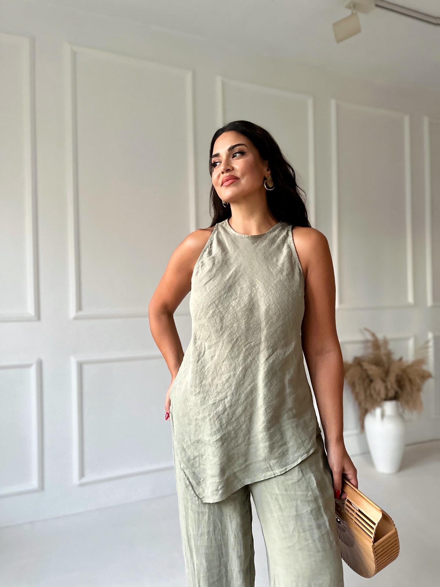 Premium Kalite %100 Keten Bluz Pantolon Takım - Haki