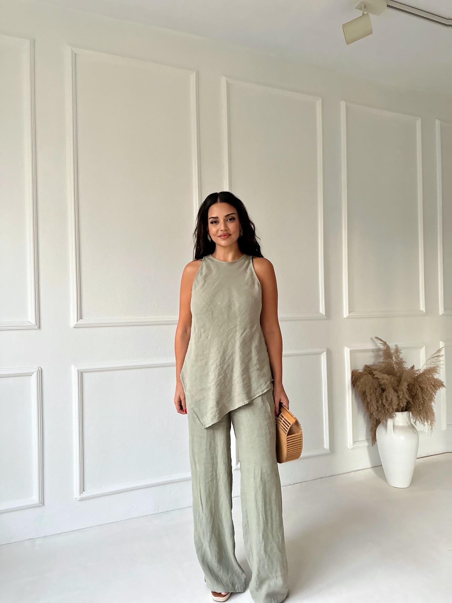 Premium Kalite %100 Keten Bluz Pantolon Takım - Haki