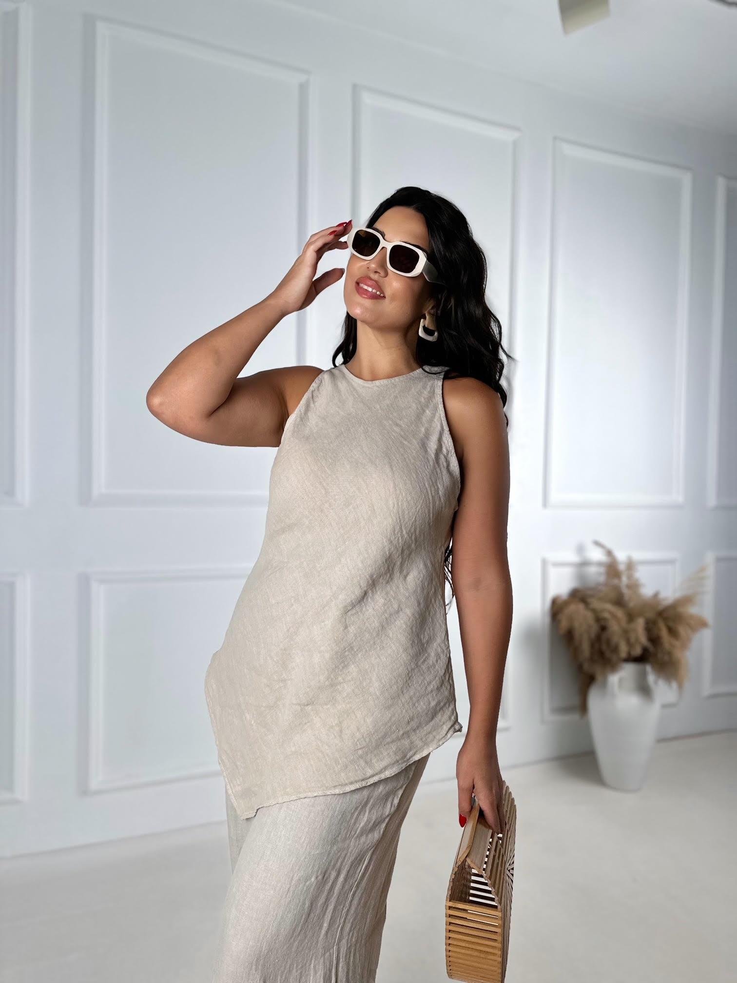 Premium Kalite %100 Keten Bluz Pantolon Takım - Bej