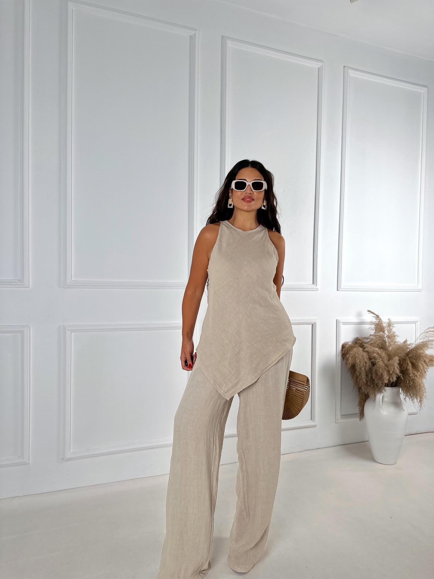 Premium Kalite %100 Keten Bluz Pantolon Takım - Bej