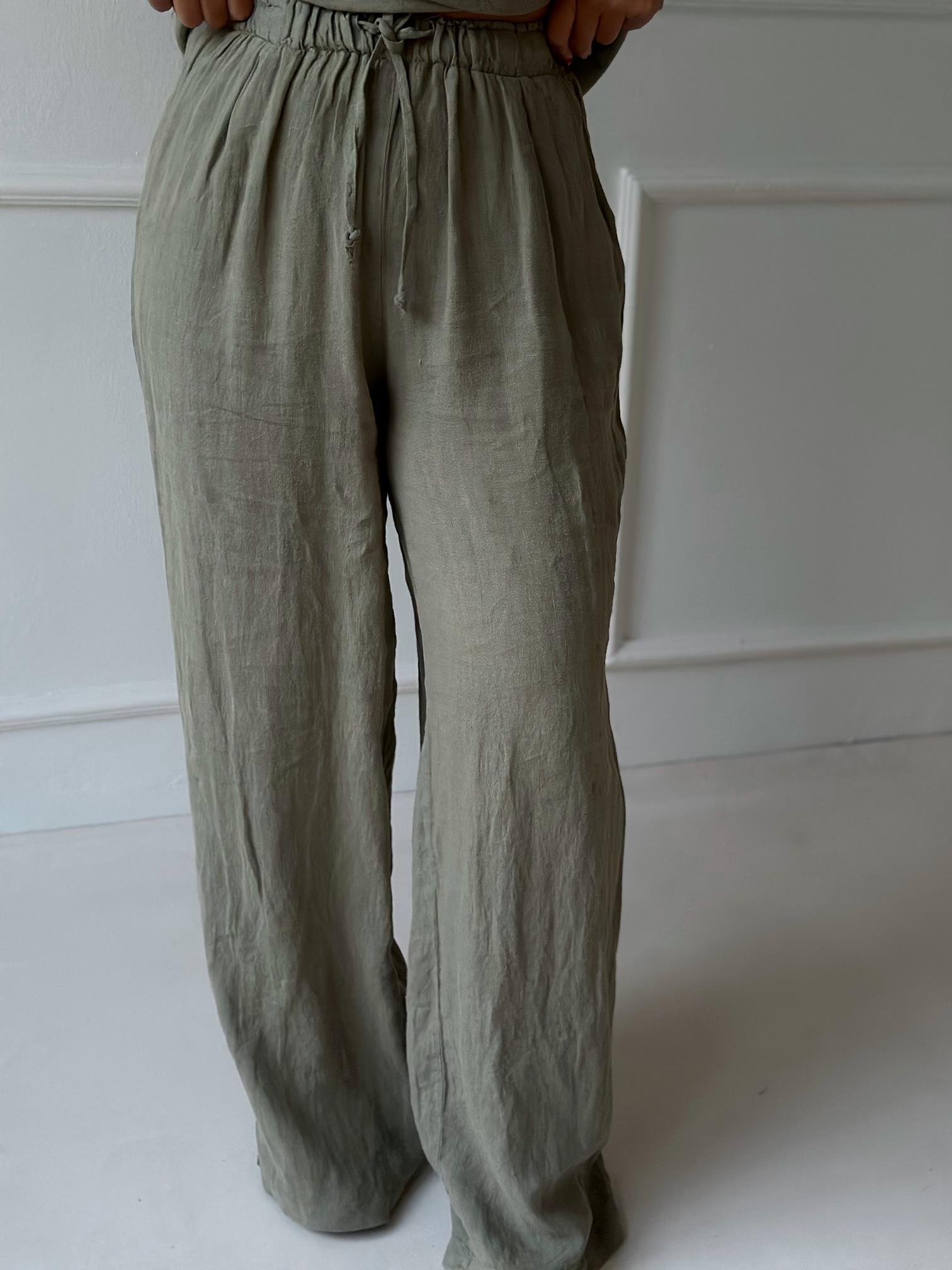 Premium Kalite %100 Keten Bluz Pantolon Takım - Haki