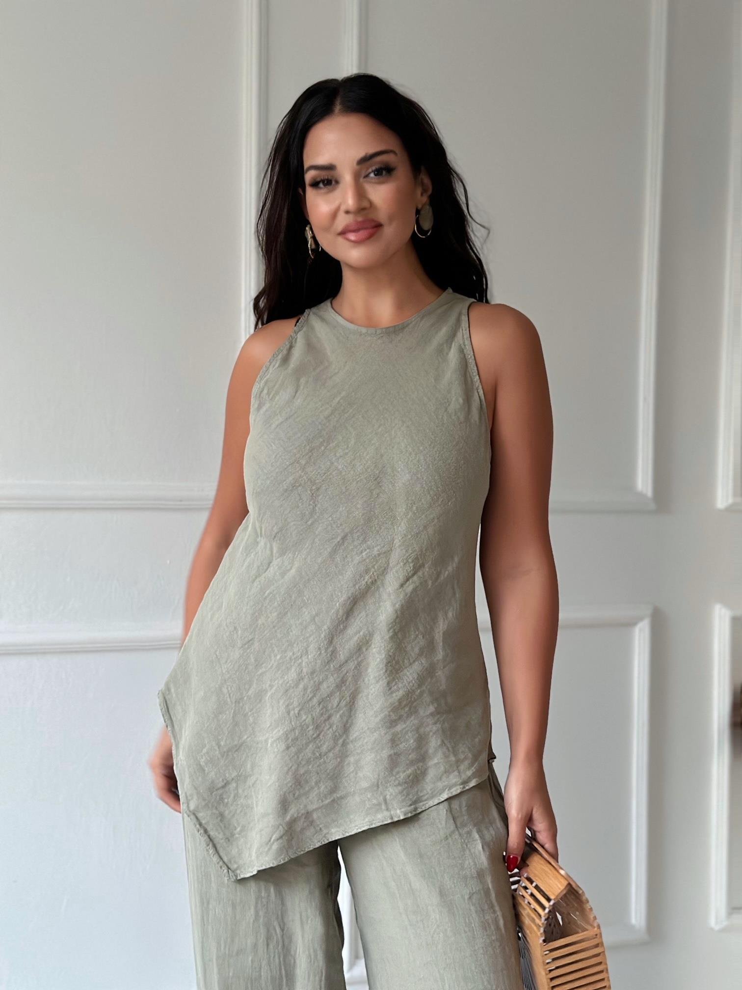 Premium Kalite %100 Keten Bluz Pantolon Takım - Haki