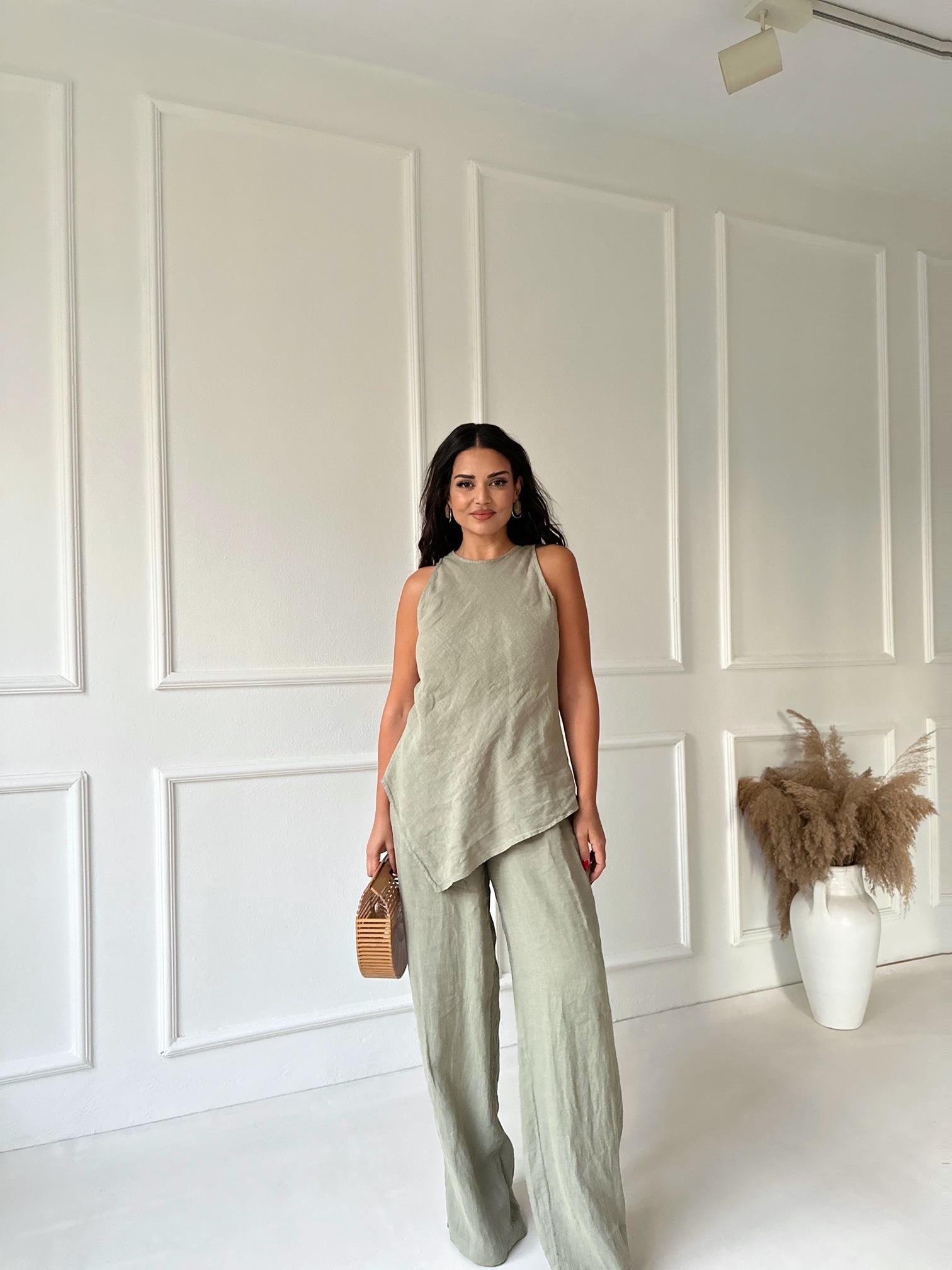 Premium Kalite %100 Keten Bluz Pantolon Takım - Haki