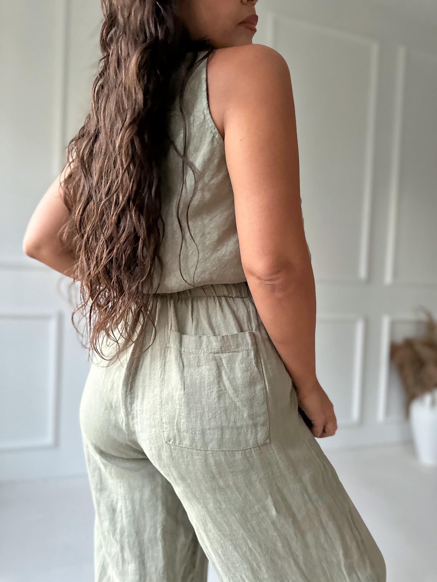 Premium Kalite %100 Keten Bluz Pantolon Takım - Haki