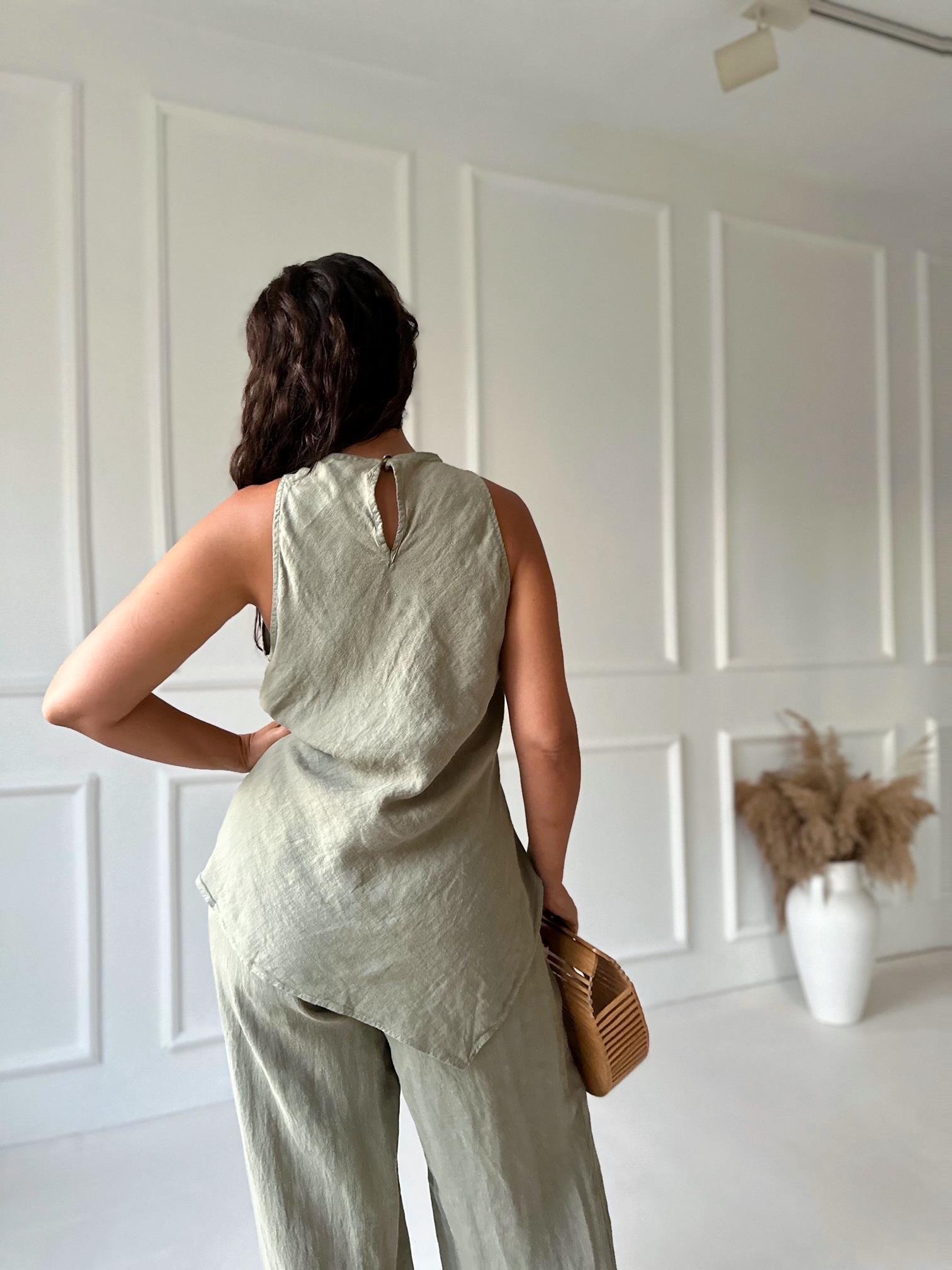 Premium Kalite %100 Keten Bluz Pantolon Takım - Haki