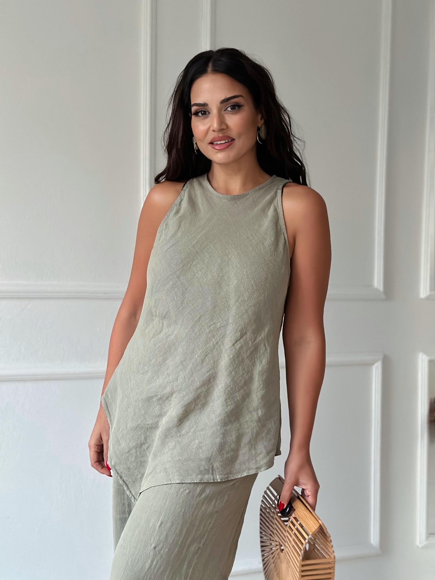 Premium Kalite %100 Keten Bluz Pantolon Takım - Haki