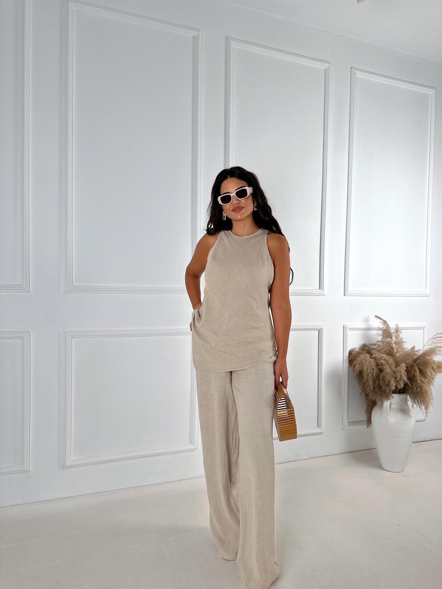 Premium Kalite %100 Keten Bluz Pantolon Takım - Bej