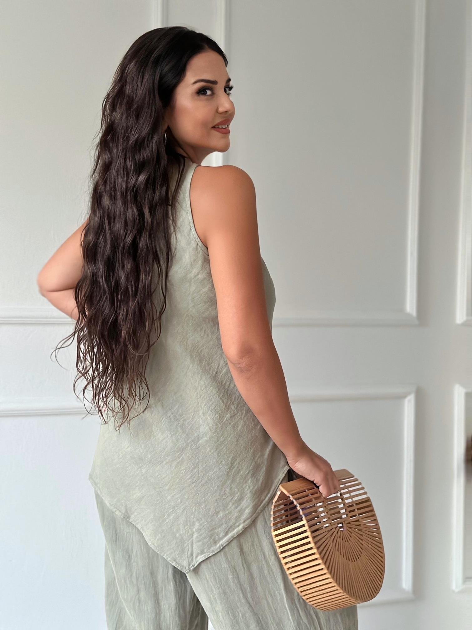 Premium Kalite %100 Keten Bluz Pantolon Takım - Haki