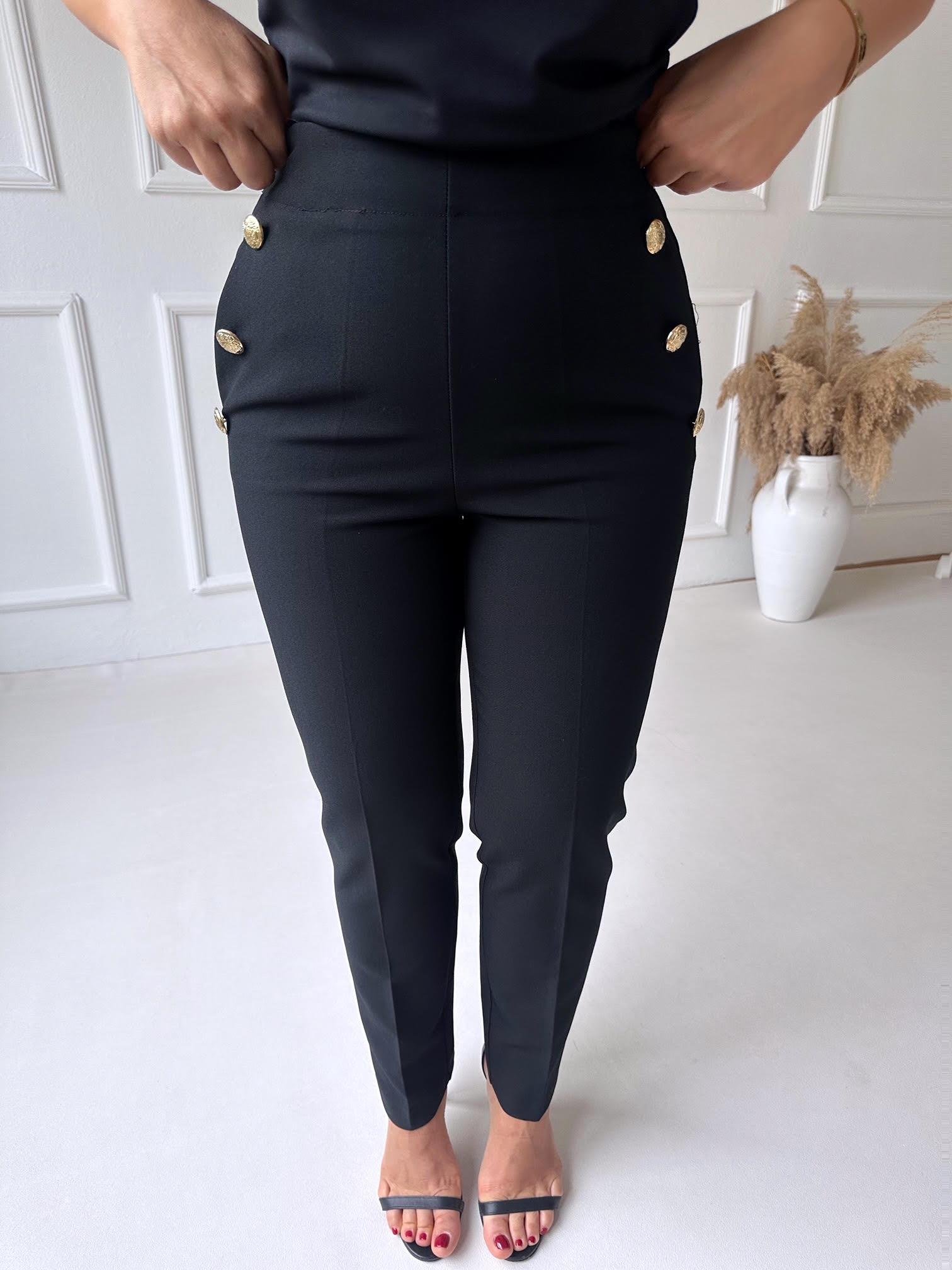 Premium Kalite Altın Düğme Detaylı Siyah Beli Lastikli Havuç Pantolon