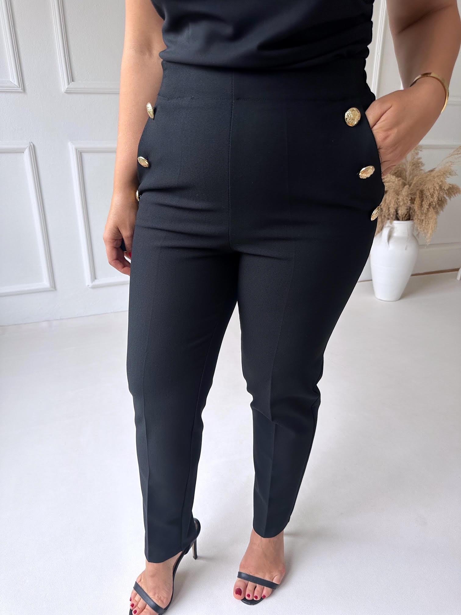 Premium Kalite Altın Düğme Detaylı Siyah Beli Lastikli Havuç Pantolon