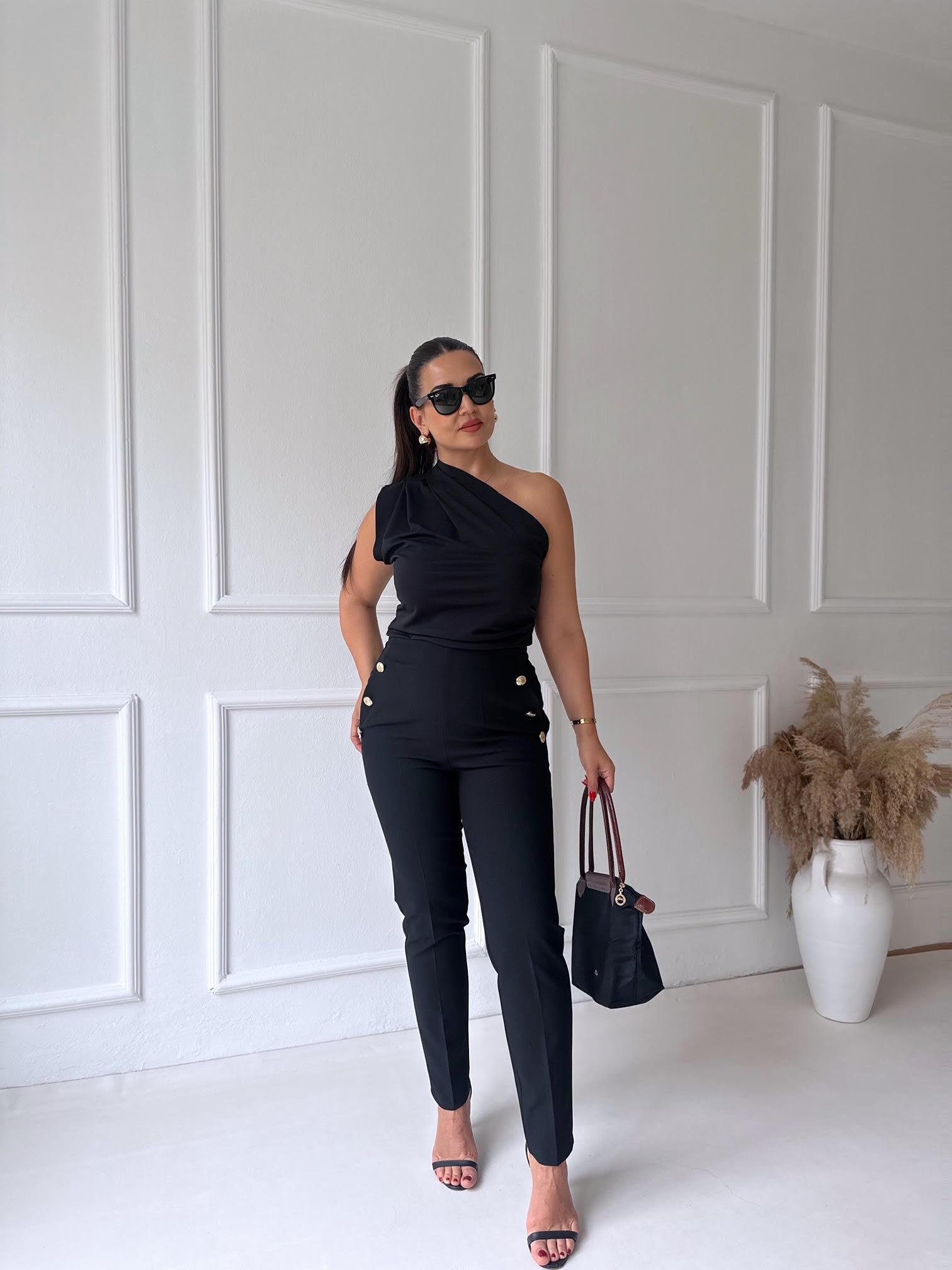 Premium Kalite Altın Düğme Detaylı Siyah Beli Lastikli Havuç Pantolon