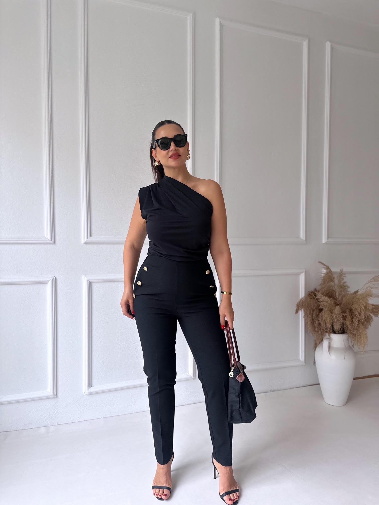 Premium Kalite Altın Düğme Detaylı Siyah Beli Lastikli Havuç Pantolon