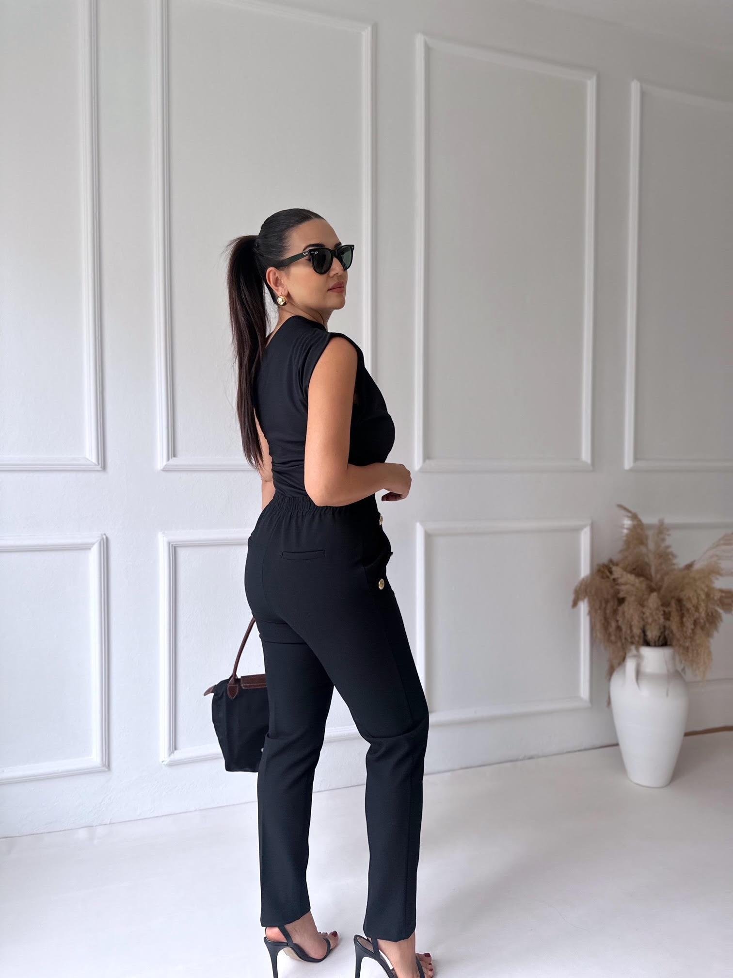 Premium Kalite Altın Düğme Detaylı Siyah Beli Lastikli Havuç Pantolon