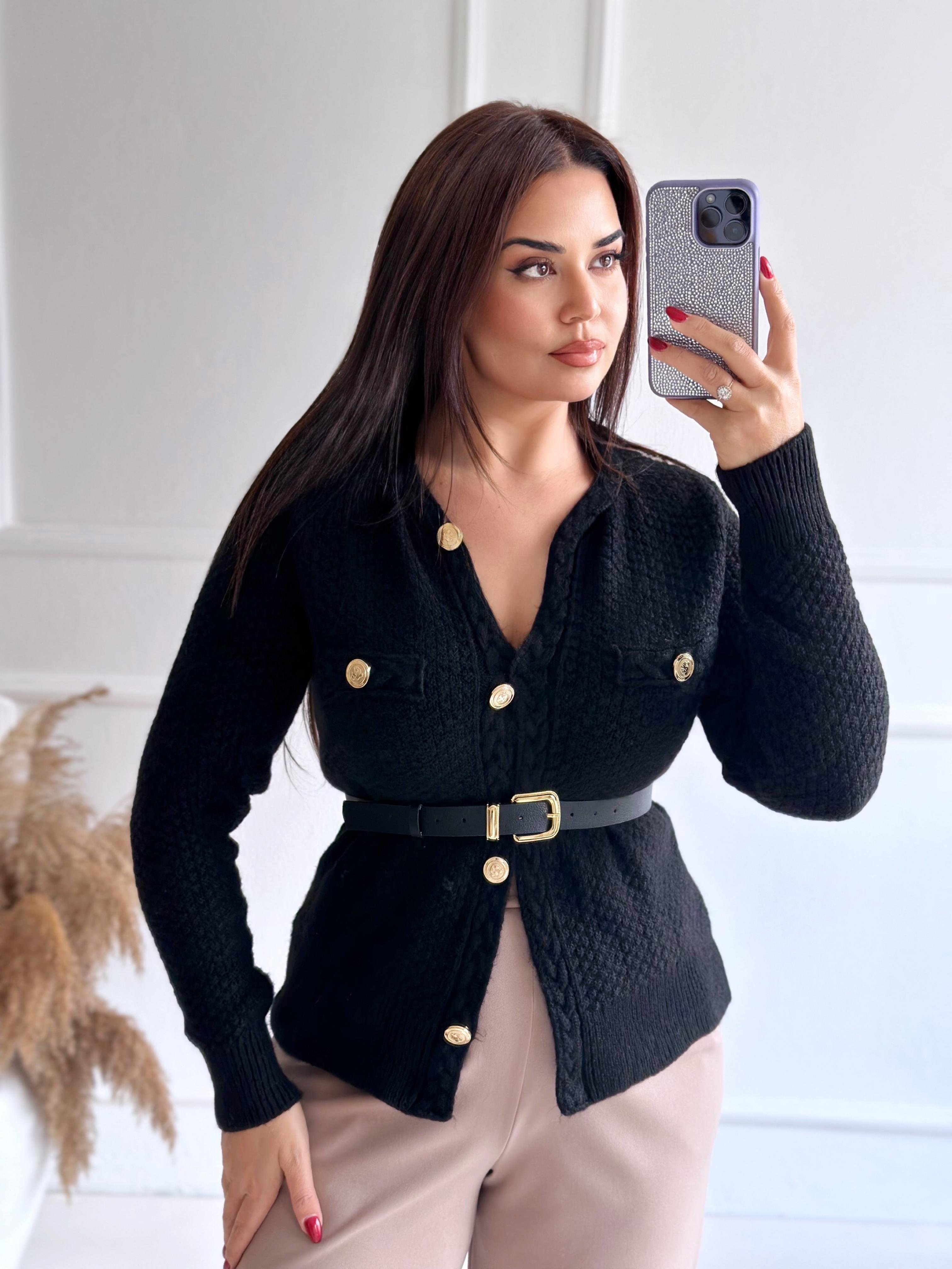 Premium Kalite Altın Düğmeli Triko Ceket Siyah